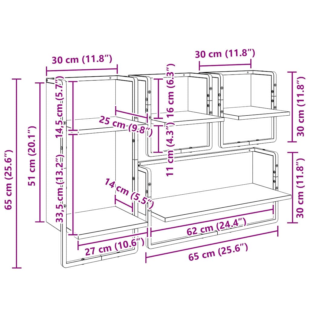 Conjunto de estantes de pared 4 pcs Roble Negro 65 x 25 x 30 cm