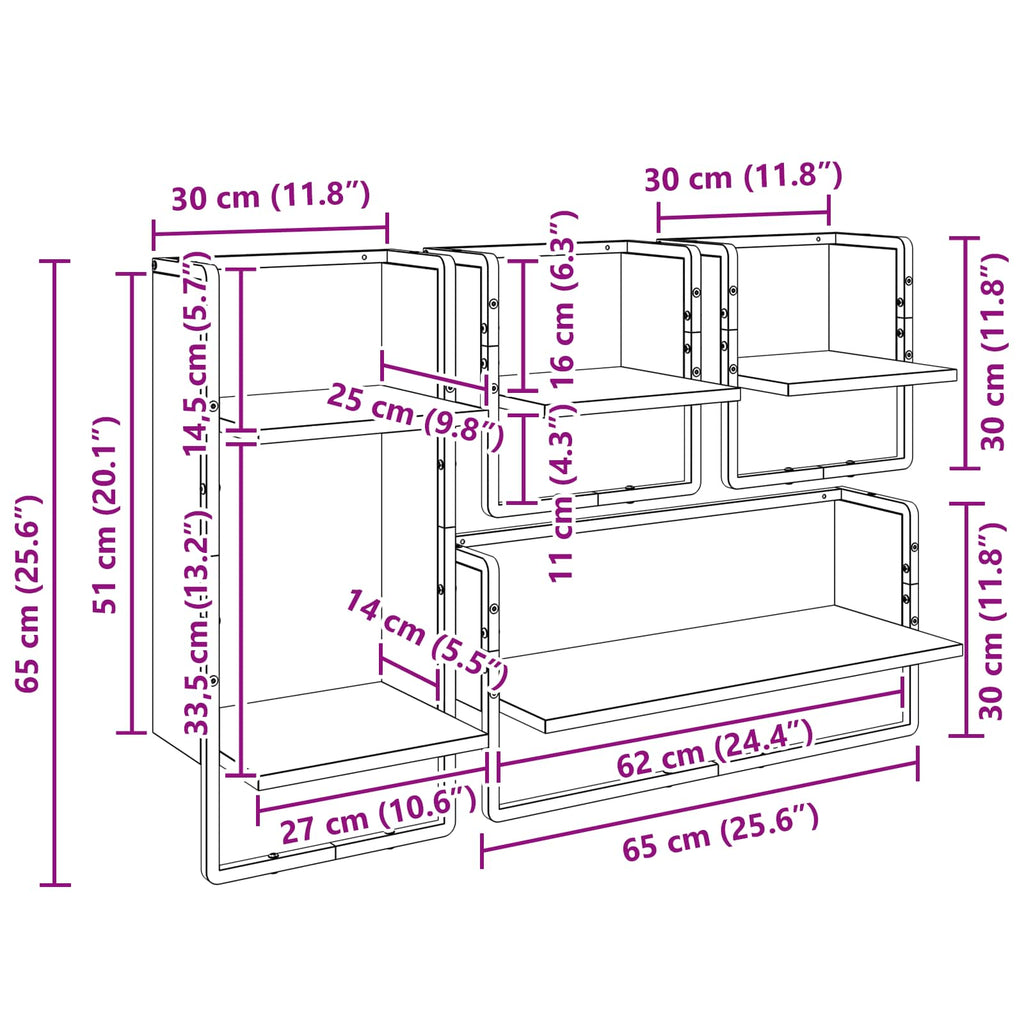 Conjunto de estantes de pared 4 pcs Roble Negro 65 x 25 x 30 cm