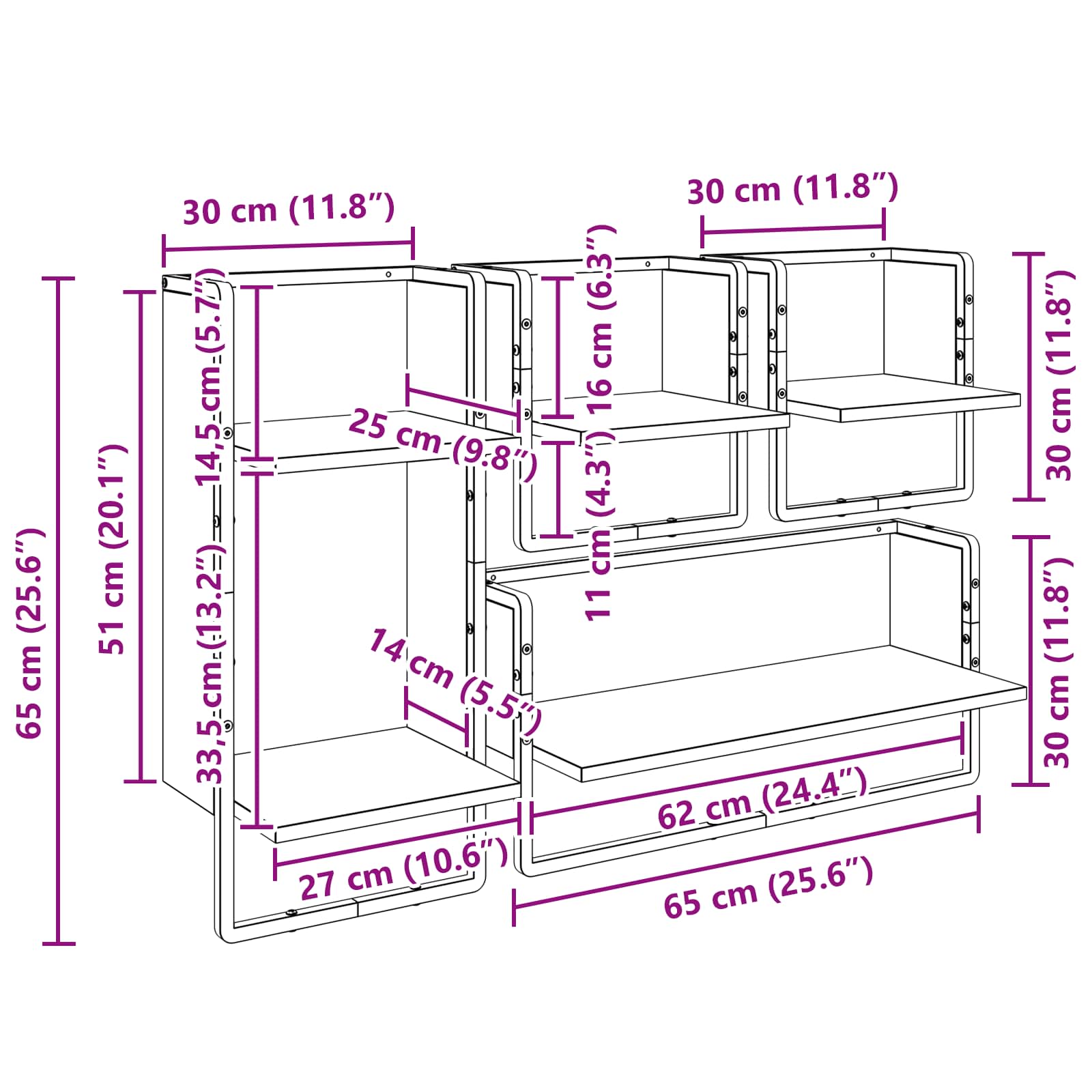 Conjunto de estantes de pared 4 pcs Roble Negro 65 x 25 x 30 cm