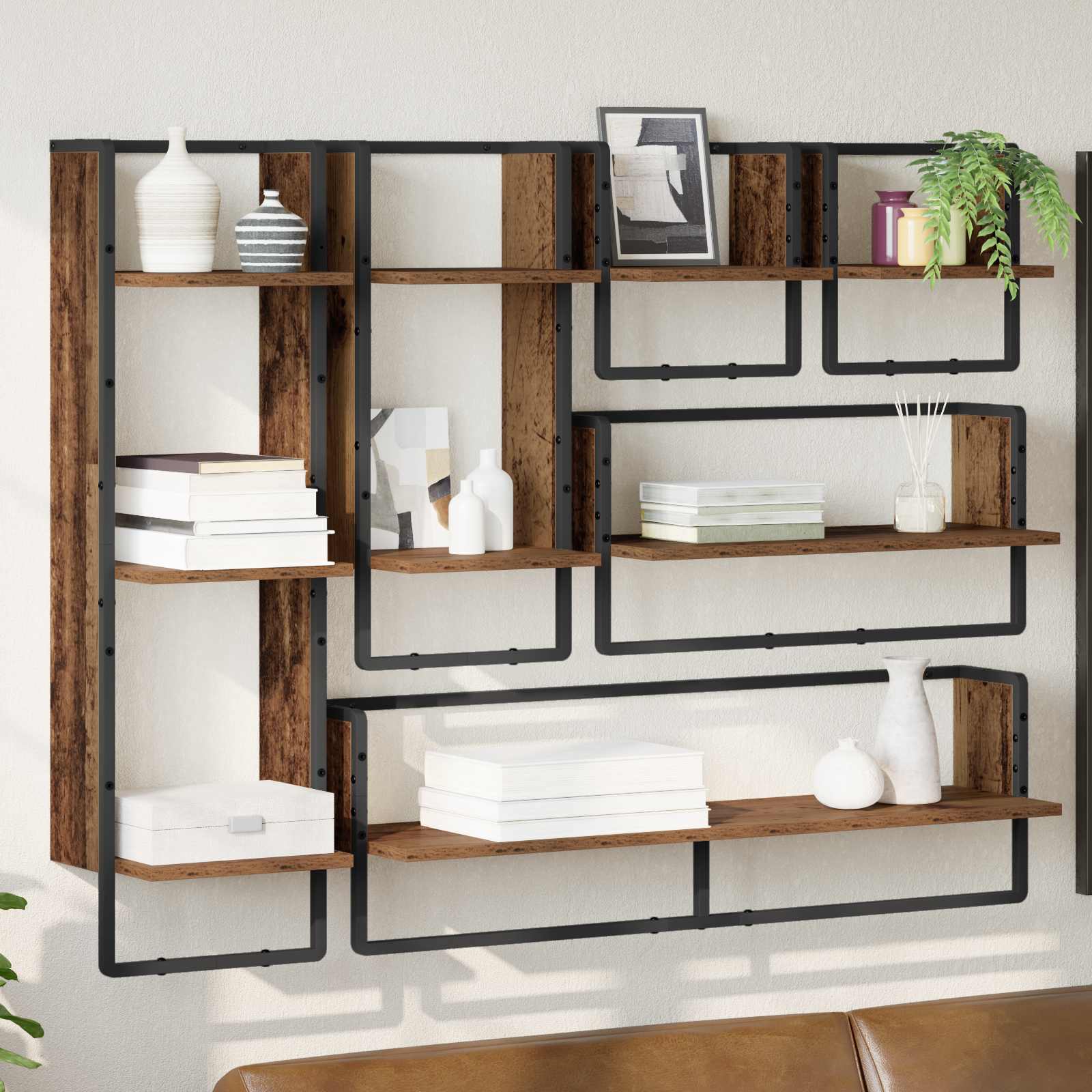 Wall Shelf Set with Shelf 6 pcs Old Wood
