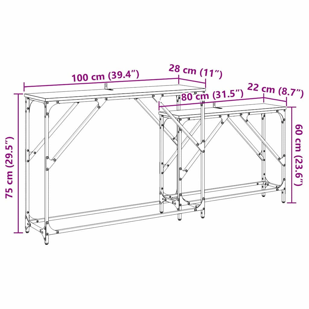 Mesa Consola 2 pcs Madera envejecida 100 x 28 x 75 cm