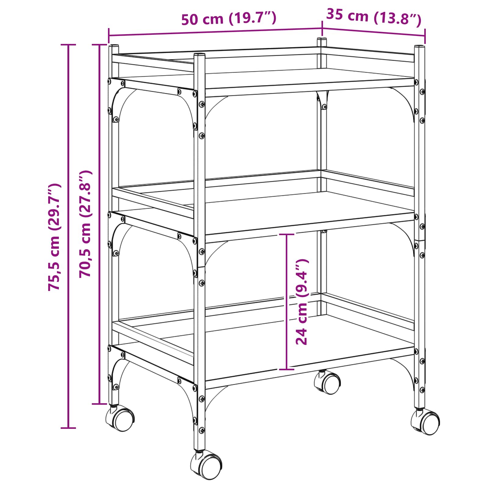 Carro de Cocina Madera Vieja 50 x 35 x 75.5 cm