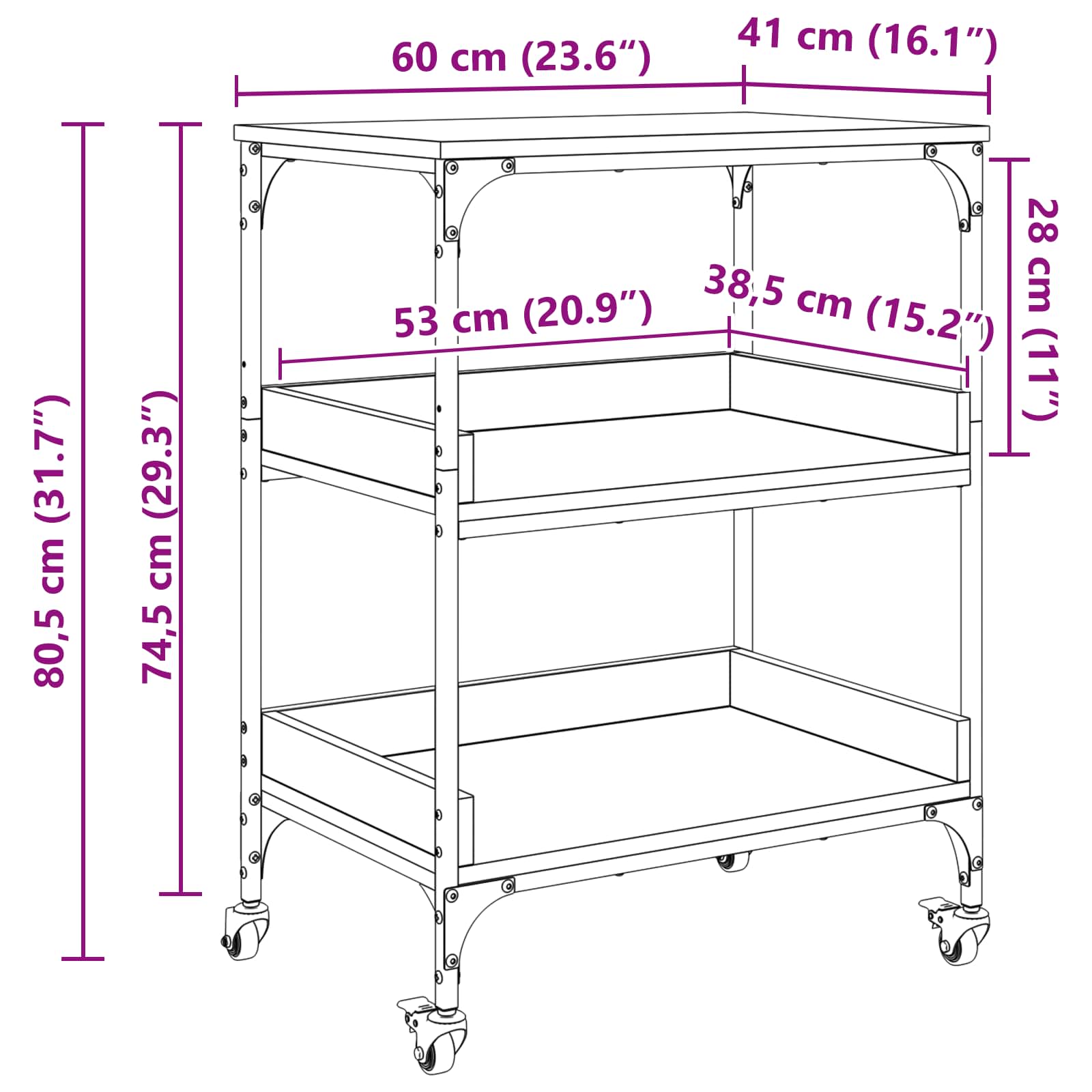 Carro de Cocina Roble Negro 60 x 41 x 80.5 cm