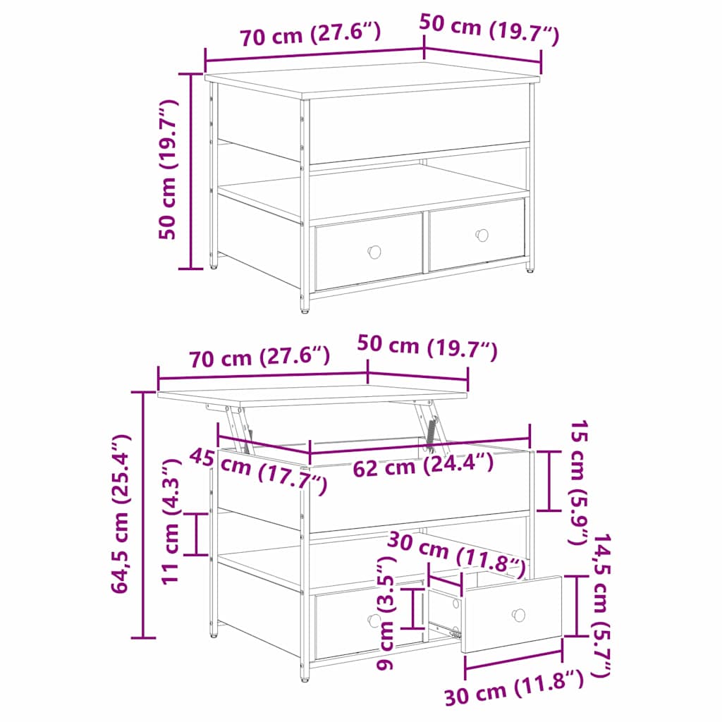 Mesa de Café Roble Negro 70 x 50 x 54.5 cm Madera de ingeniería