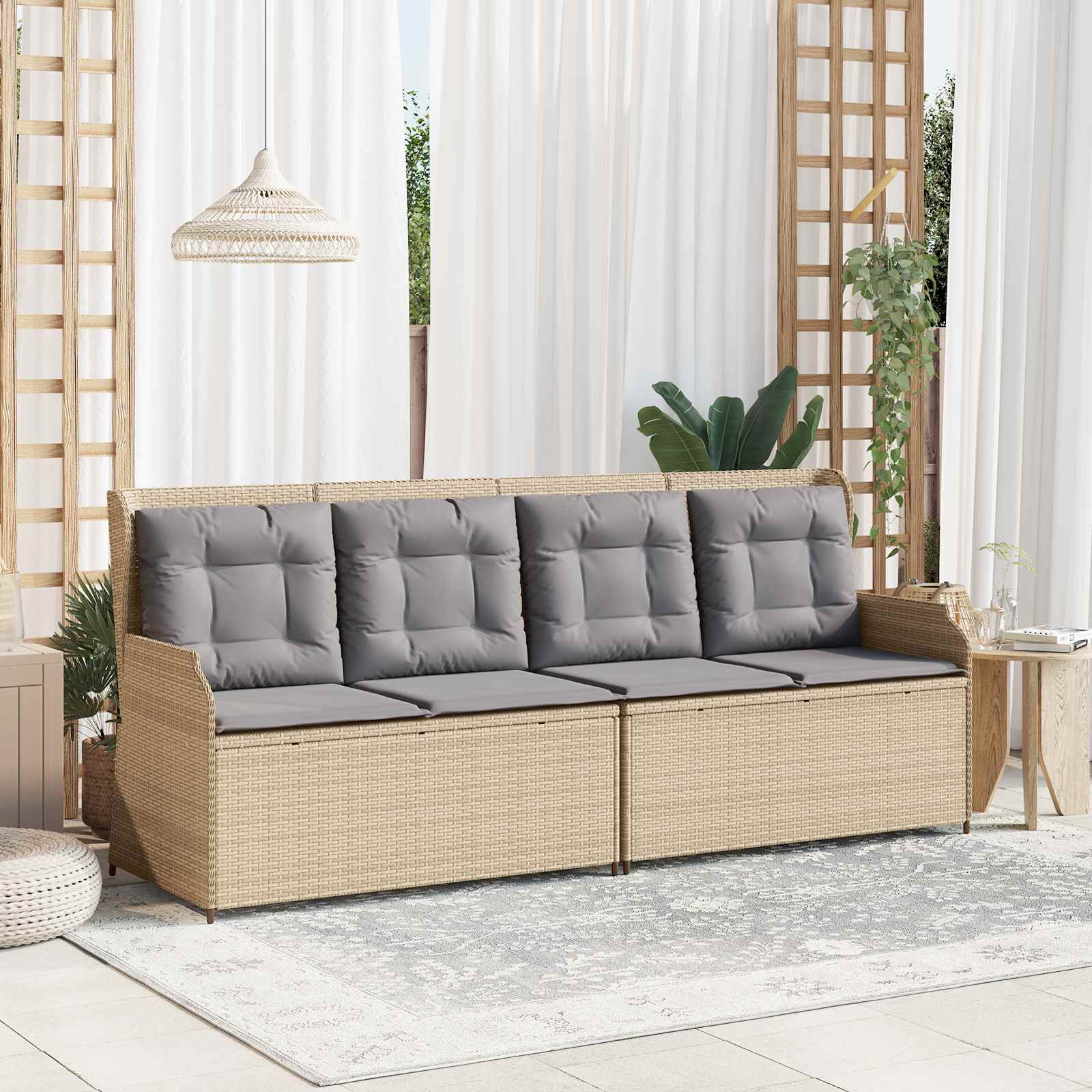 Banco de jardín con cojín Beige y gris ratán sintético