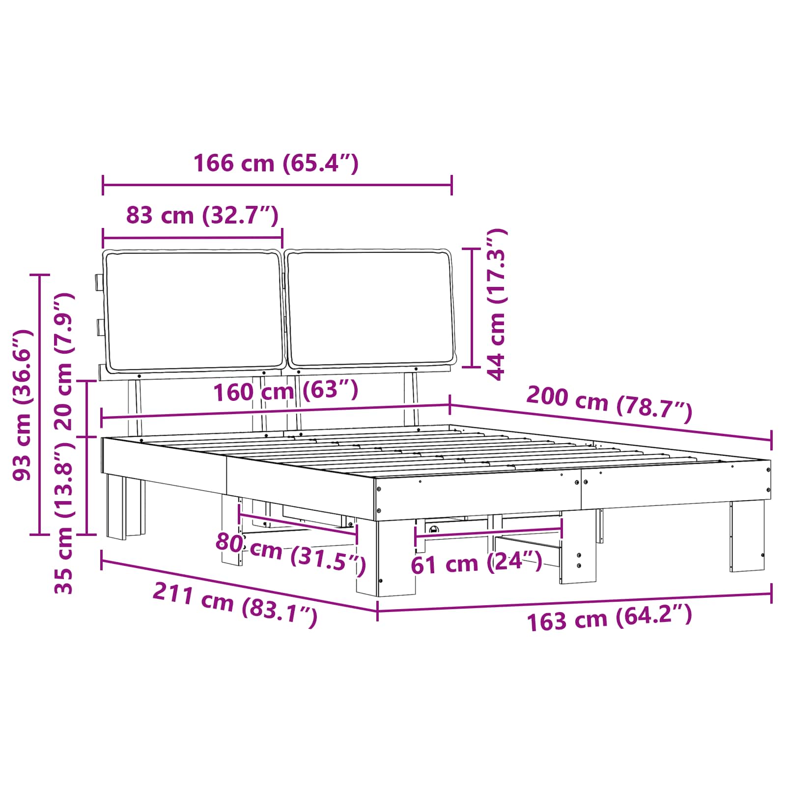 Estructura de Cama con Cabecera Tapizada Gris oscuro