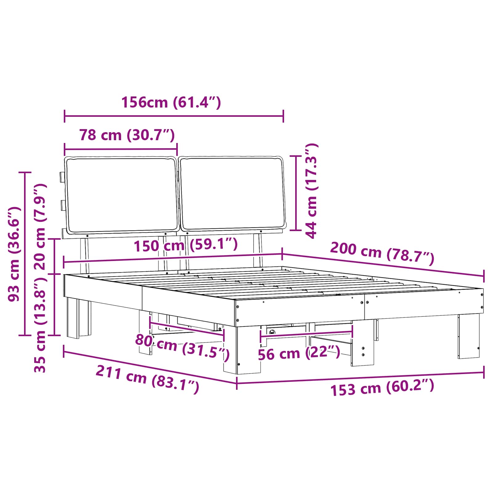 Estructura de Cama con Cabecera Tapizada Negro 150 x 200 cm