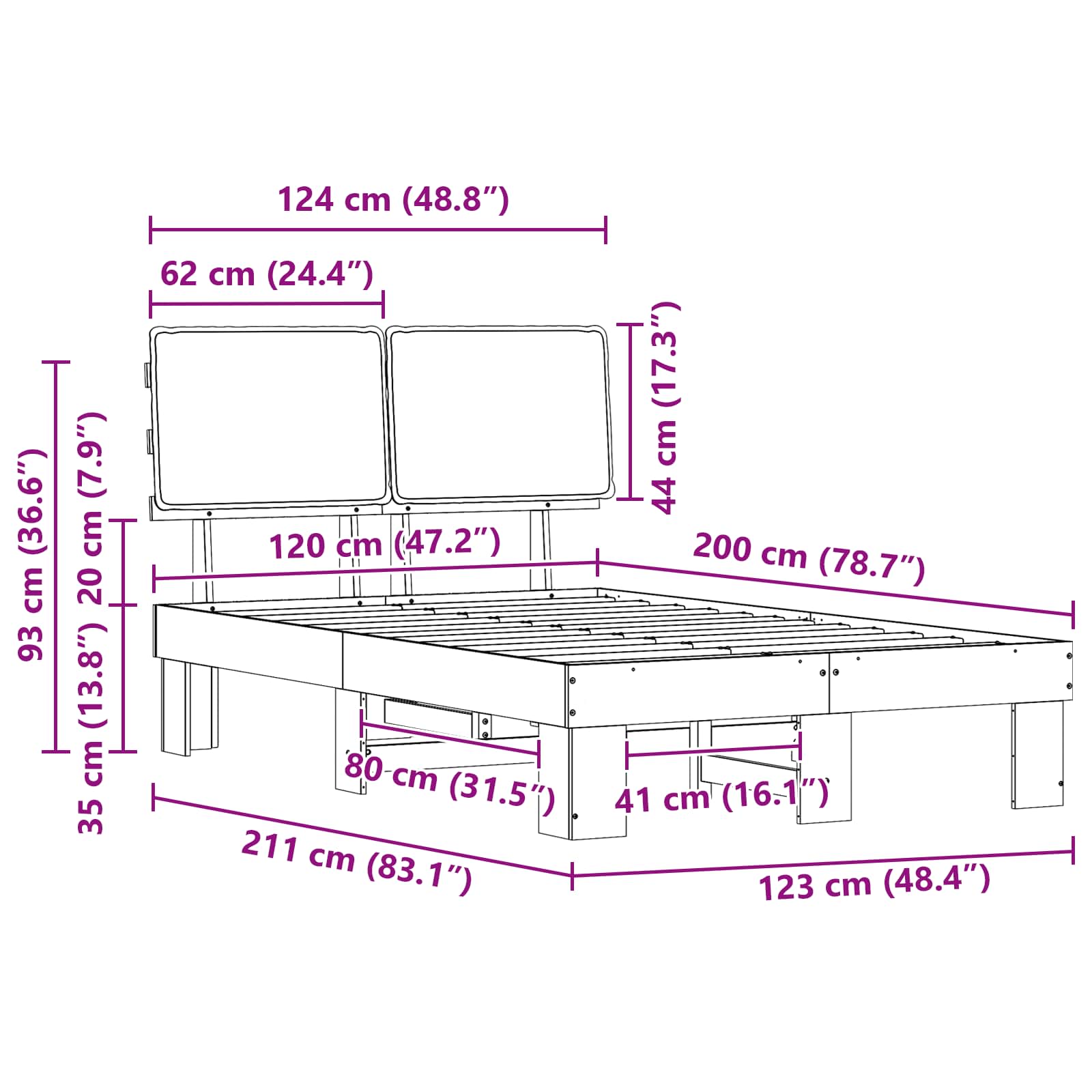Estructura de Cama con Cabecera Tapizada Negro 120 x 200 cm