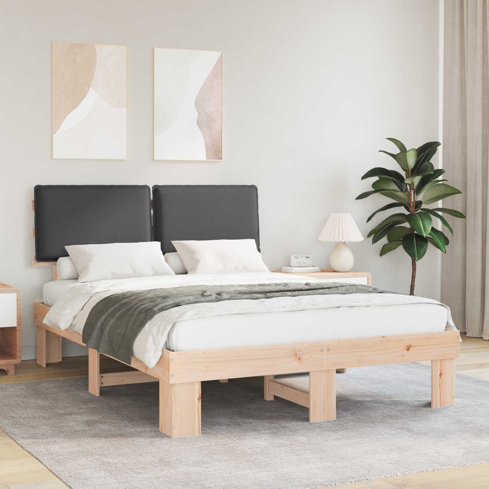 Estrutura de Cama com Cabeceira Estofada Cinzento Escuro