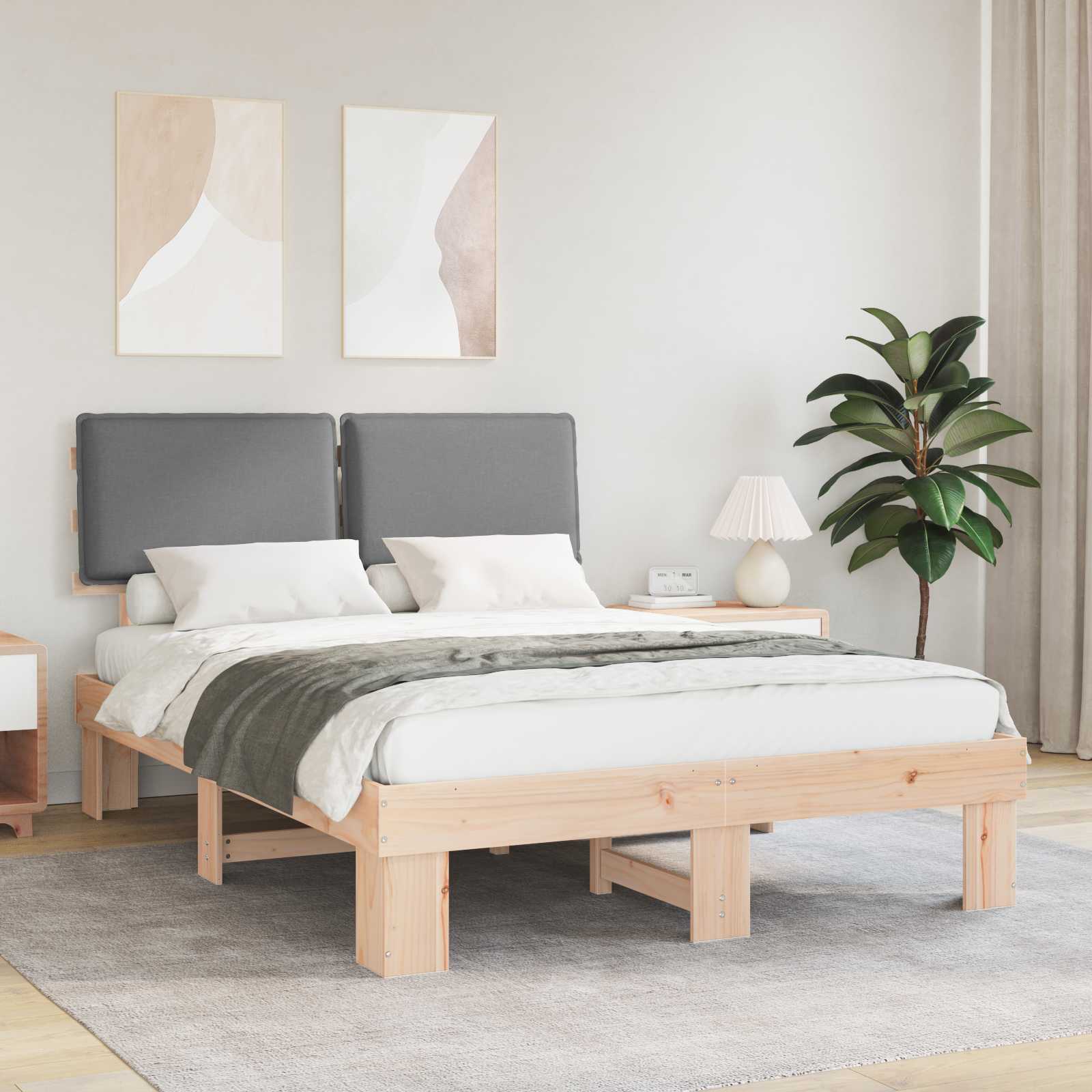 Estrutura de Cama com Cabeceira Estofada Cinzento Claro