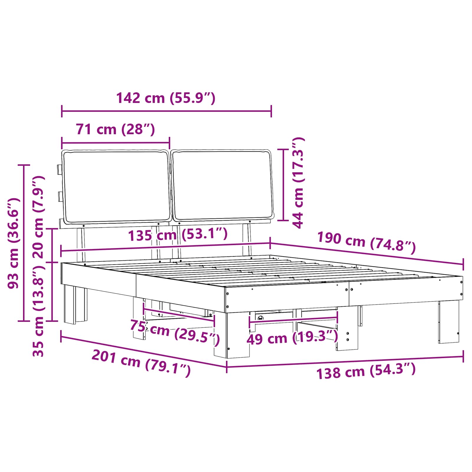 Estructura de Cama con Cabecera Tapizada Negro 135 x 190 cm