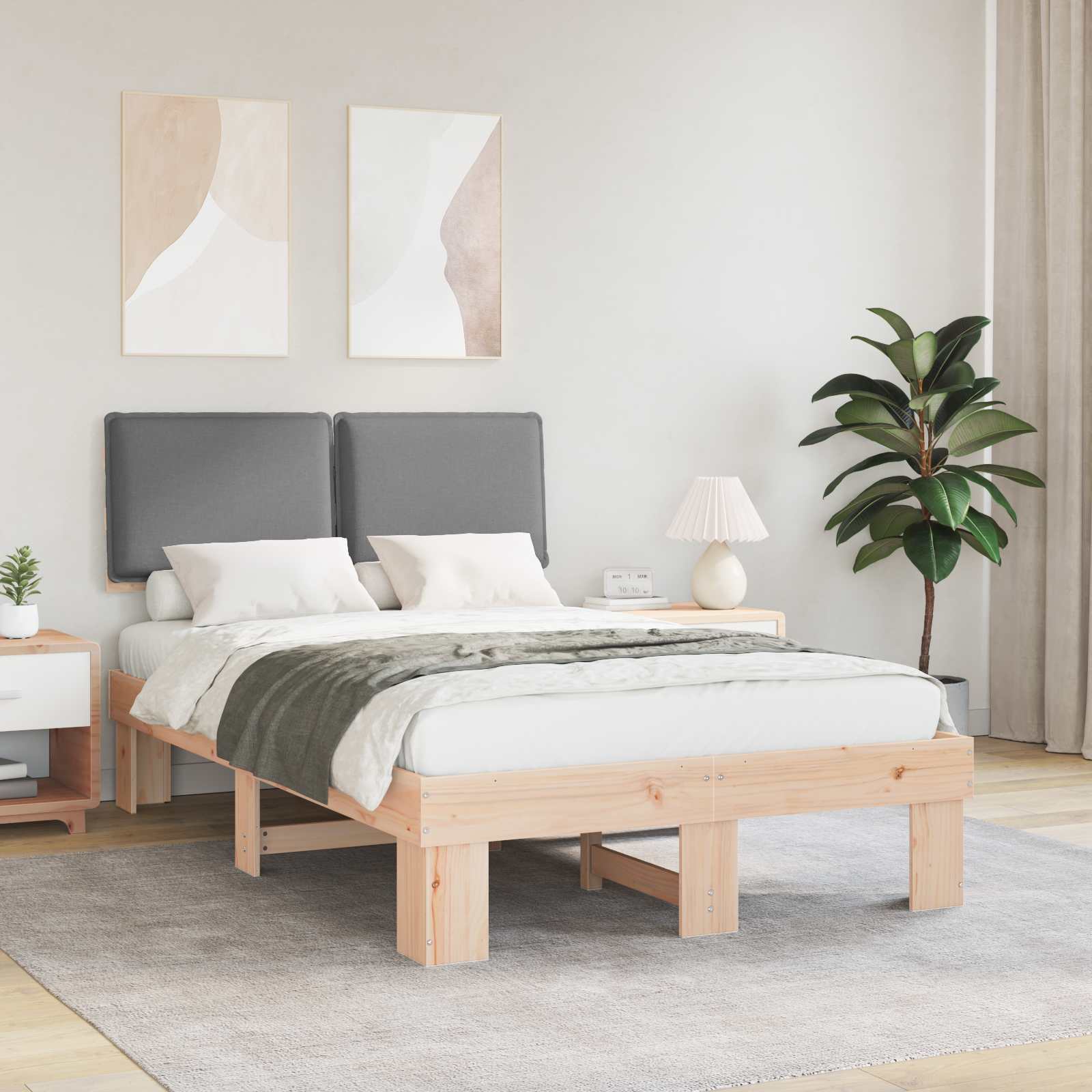Estrutura de Cama com Cabeceira Estofada Cinzento Claro