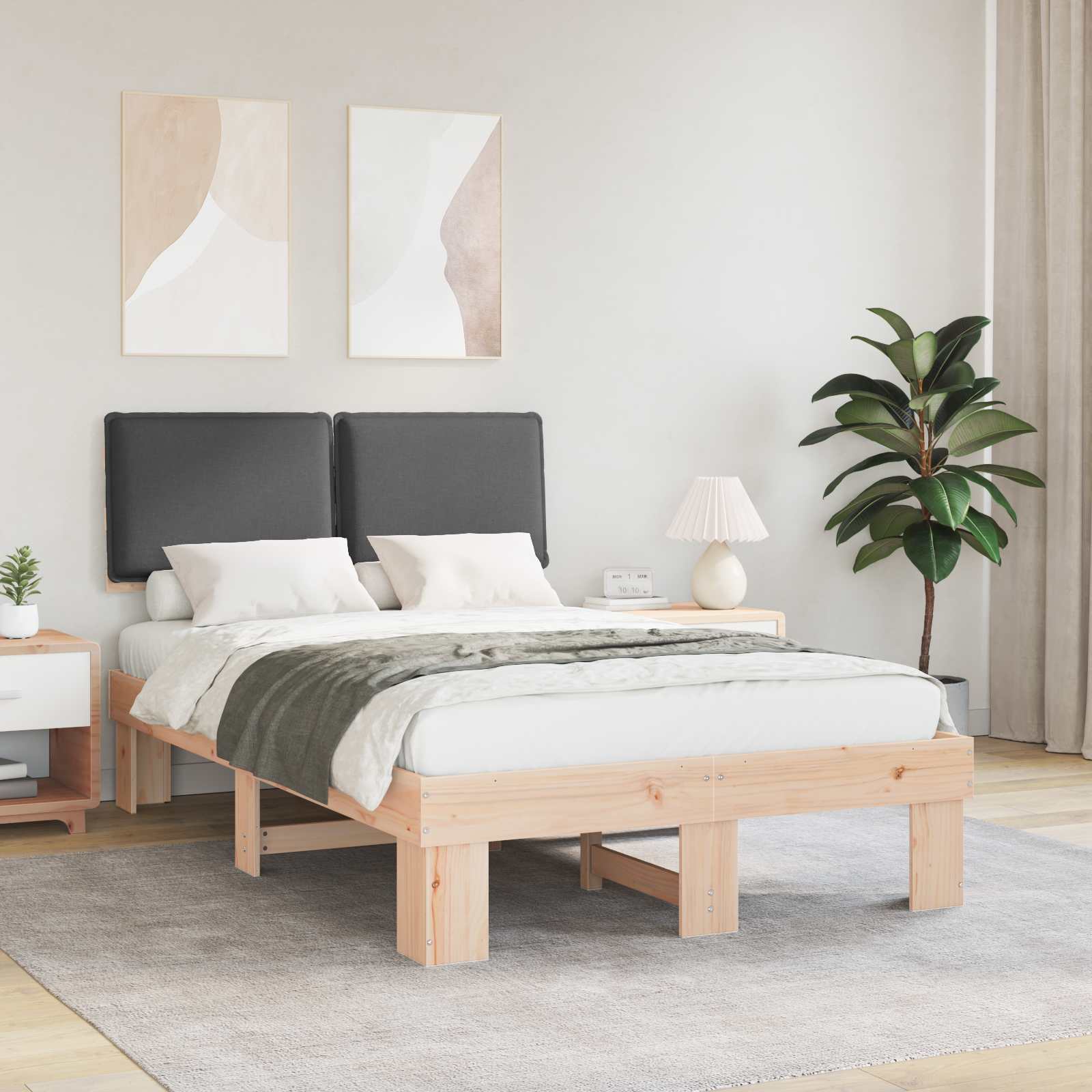 Estrutura de Cama com Cabeceira Estofada Cinzento Escuro