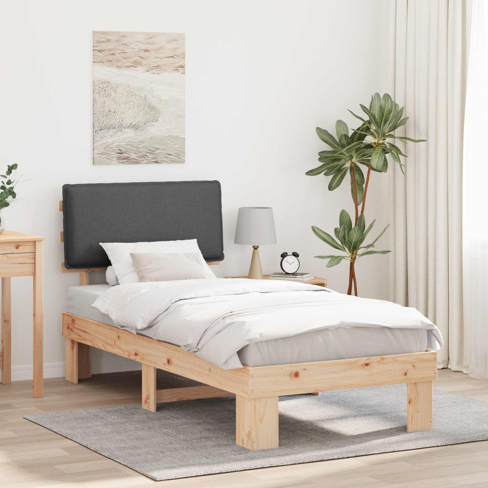 Estrutura de Cama com Cabeceira Estofada Cinzento Escuro