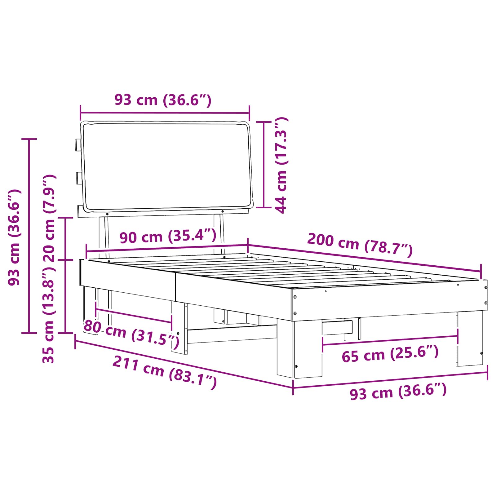 Estructura de Cama con Cabecera Tapizada Negro 90 x 200 cm