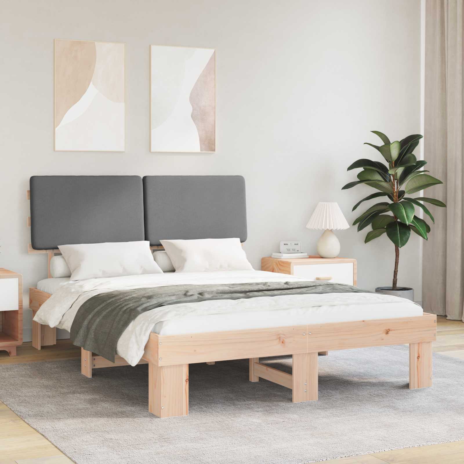 Estrutura de Cama com Cabeceira Estofada Cinzento Claro