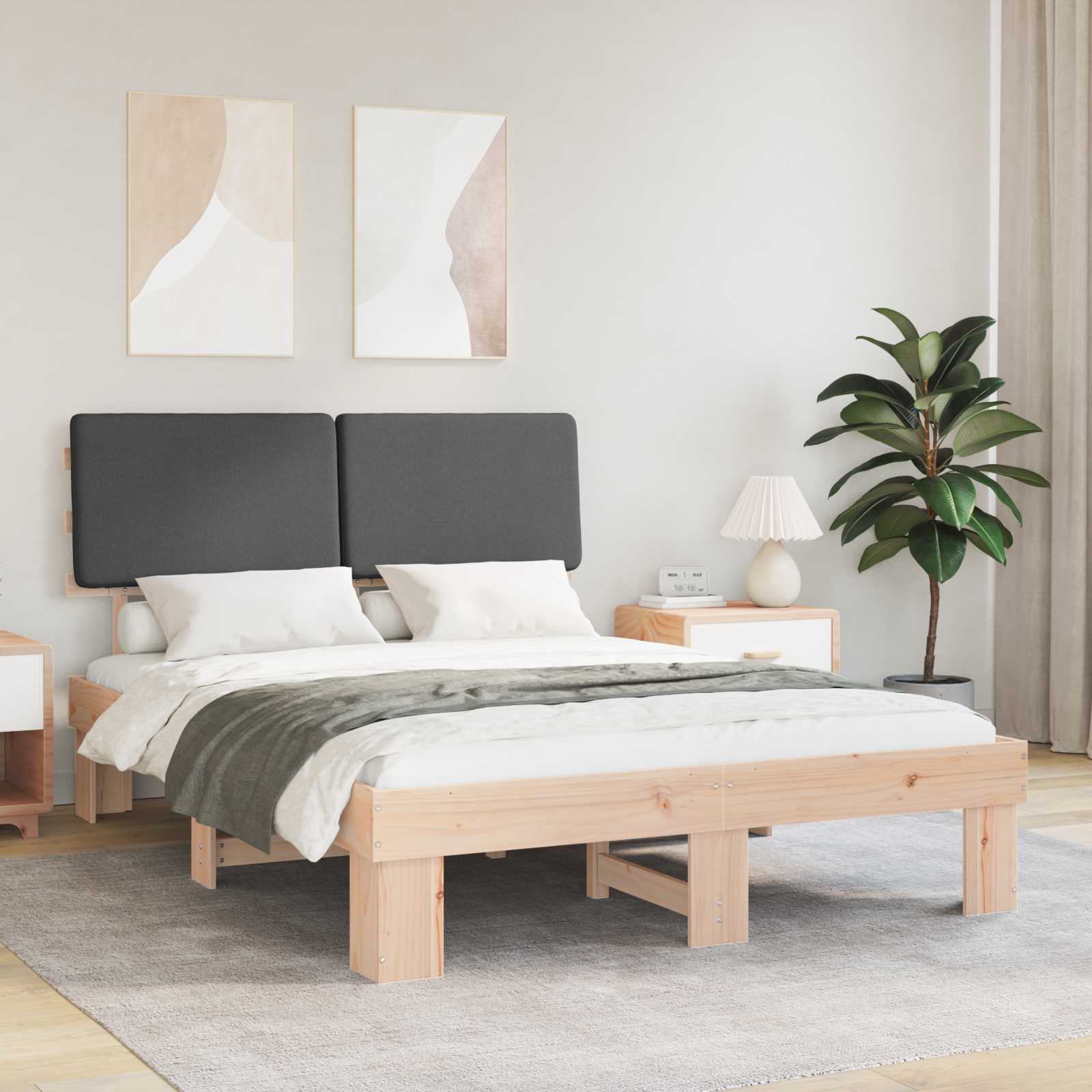 Estrutura de Cama com Cabeceira Estofada Cinzento Claro
