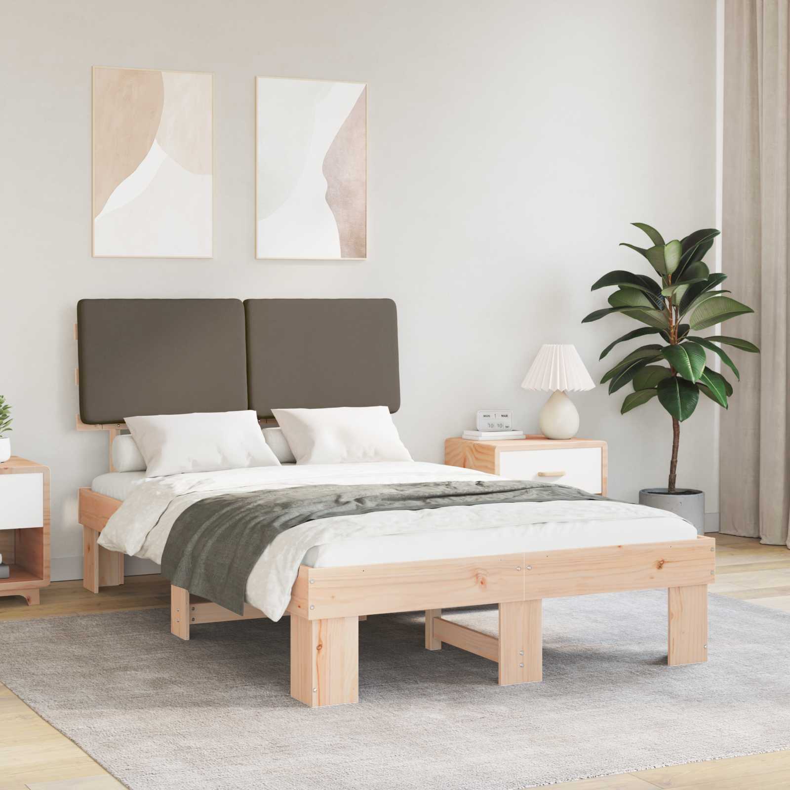 Estrutura de Cama com Cabeceira Estofada Cinzento Claro