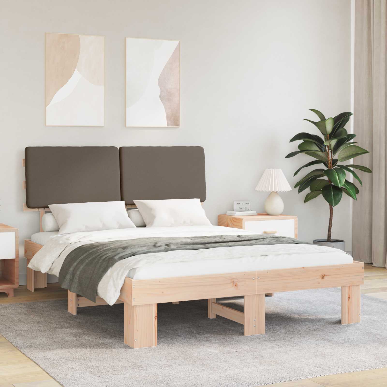 Estrutura de Cama com Cabeceira Estofada Cinzento Claro