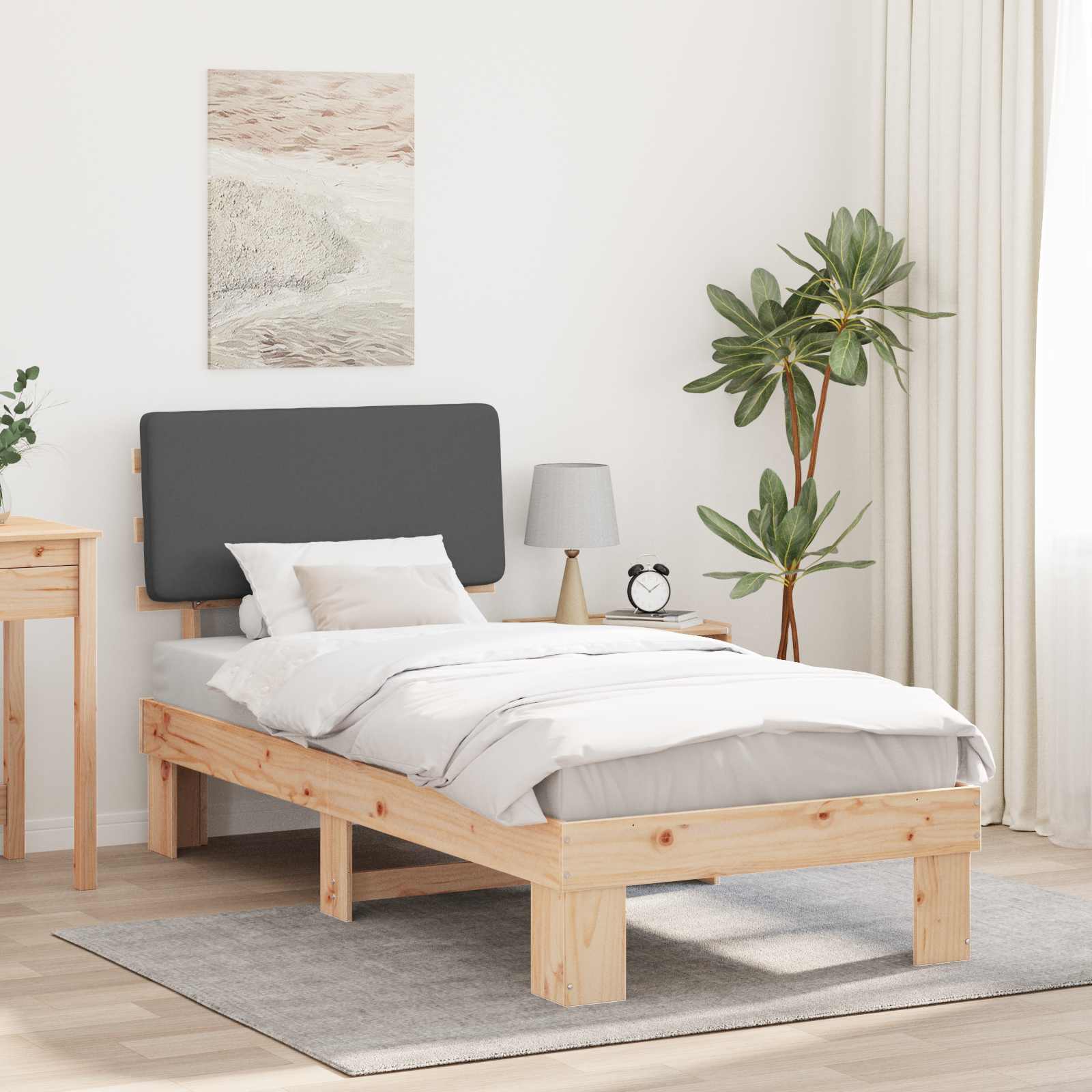 Estrutura de Cama com Cabeceira Estofada Cinzento Claro
