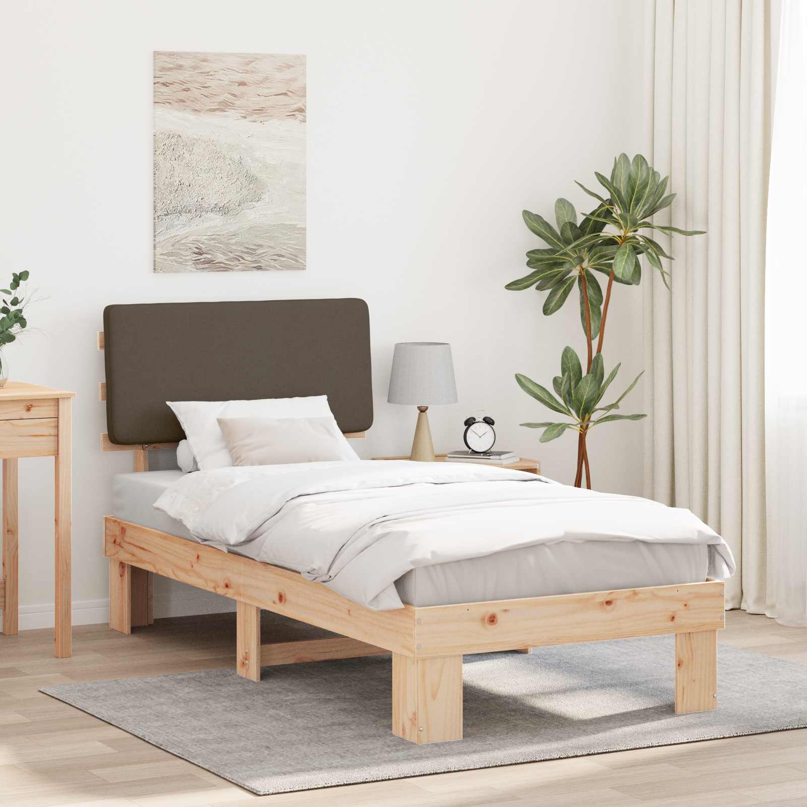 Estrutura de Cama com Cabeceira Estofada Cinzento Claro