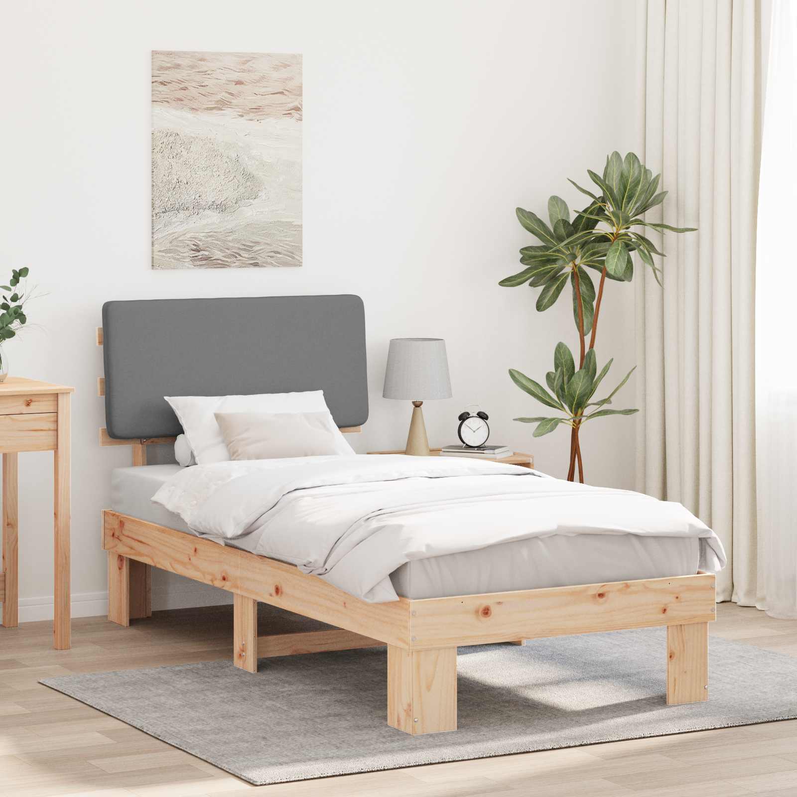 Estrutura de Cama com Cabeceira Estofada Cinzento Claro