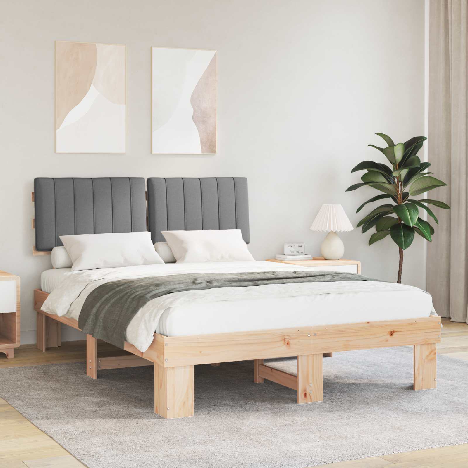 Estrutura de Cama com Cabeceira Estofada Cinzento Claro
