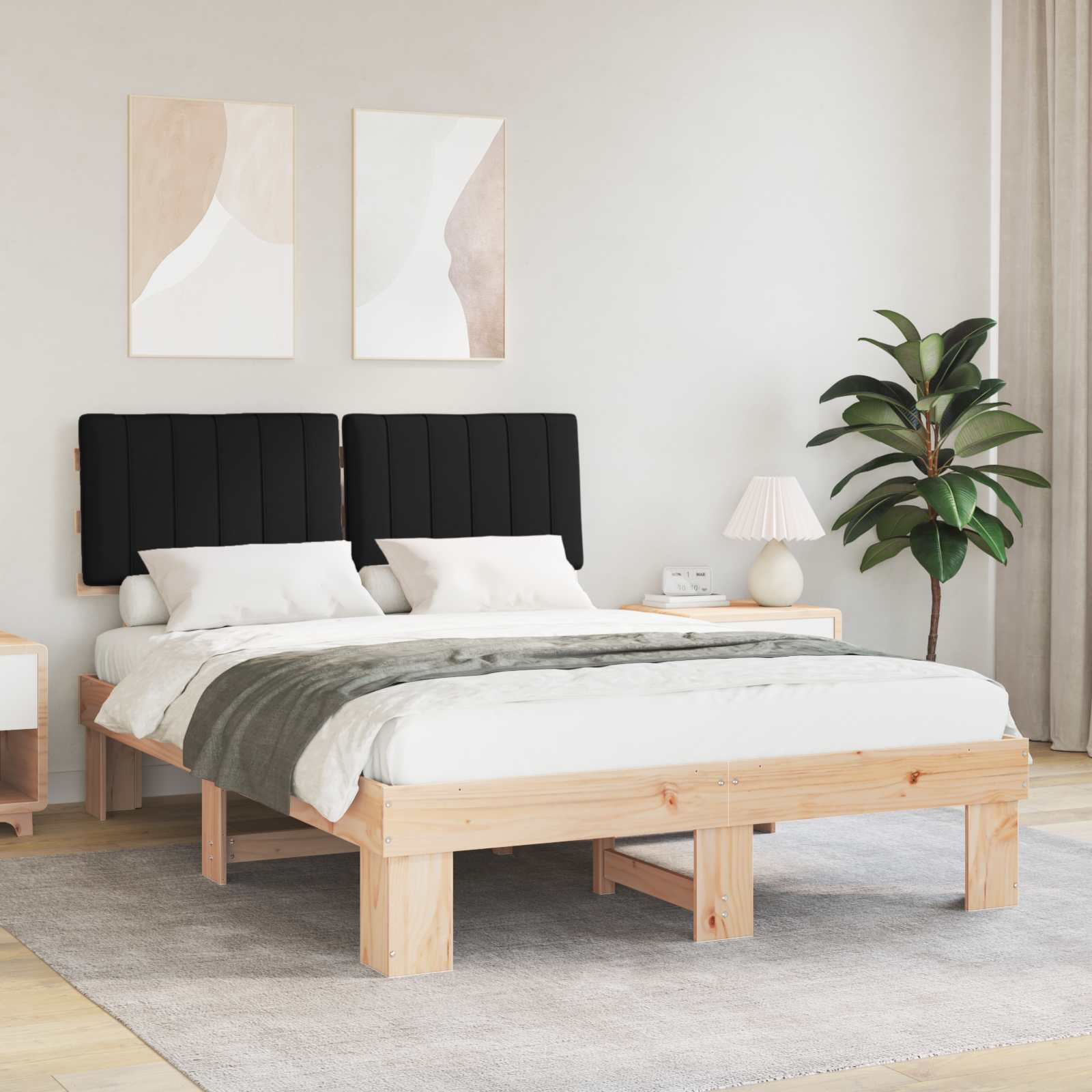 Estructura de Cama con Cabecera Tapizada Negro 140 x 200 cm