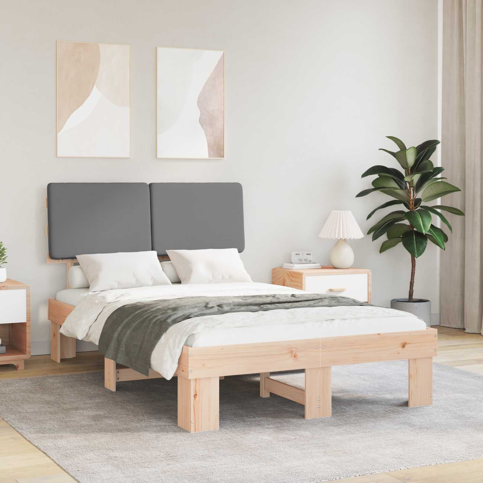 Estrutura de Cama com Cabeceira Estofada Cinzento Claro