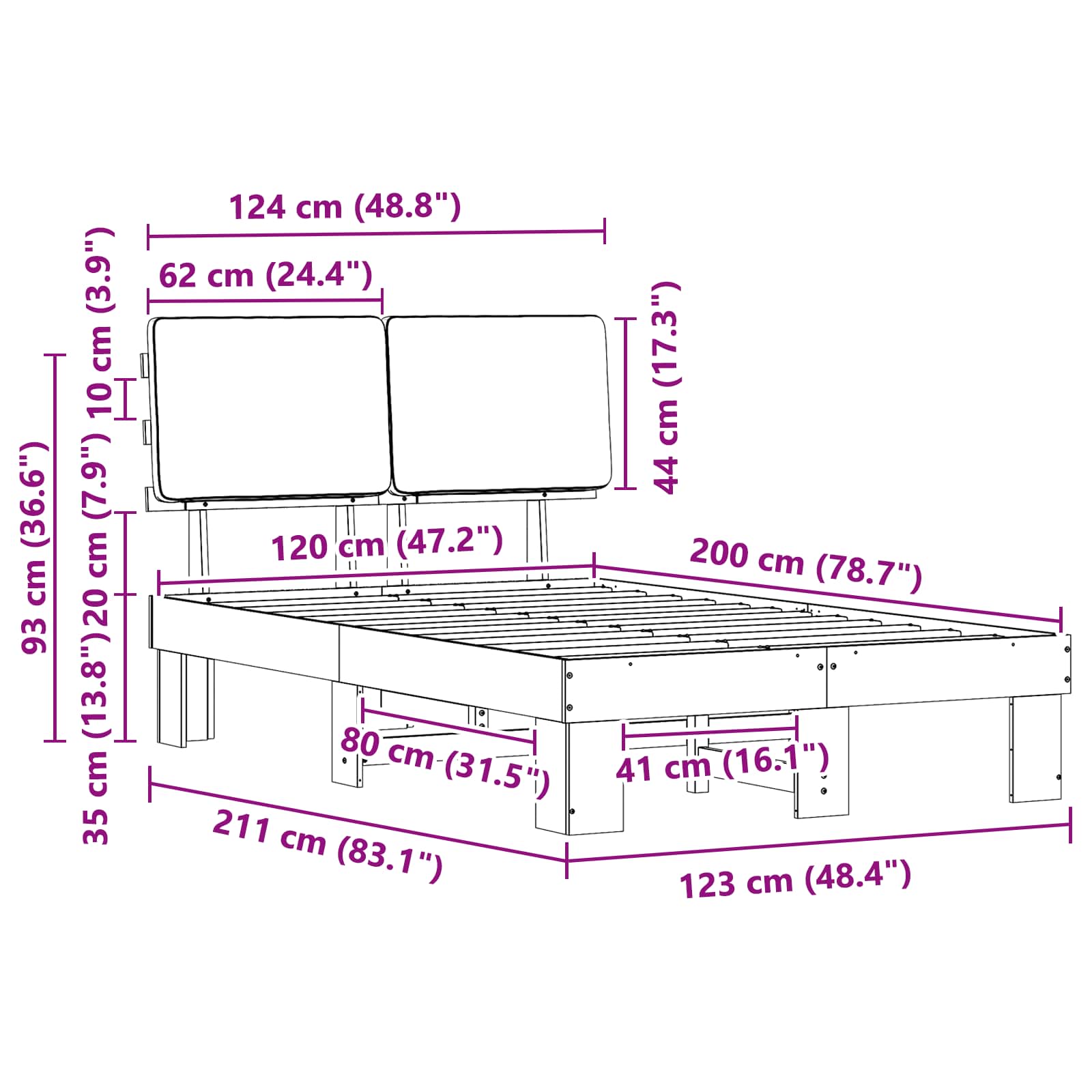 Estructura de Cama con Cabecera Tapizada Negro 120 x 200 cm