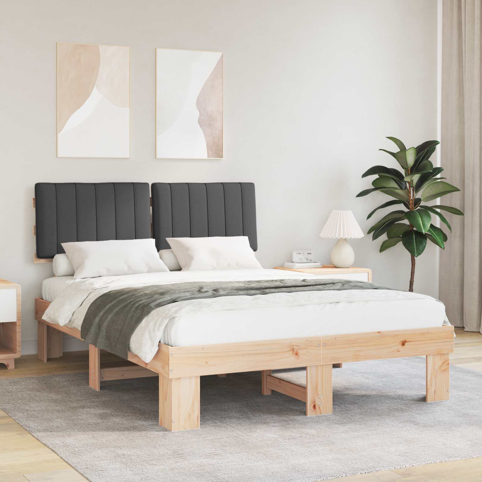 Estrutura de Cama com Cabeceira Estofada Cinzento Escuro