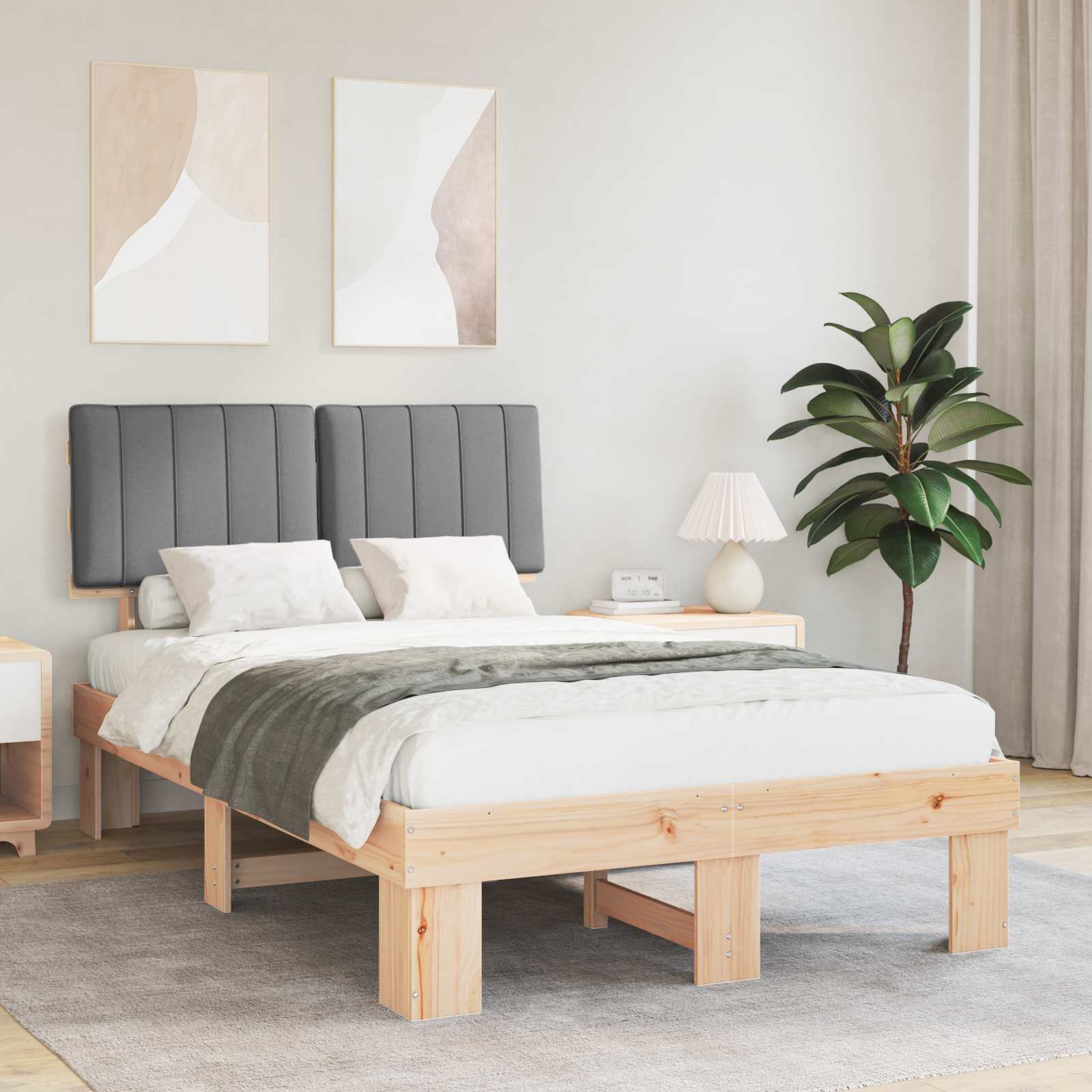 Estrutura de Cama com Cabeceira Estofada Cinzento Claro