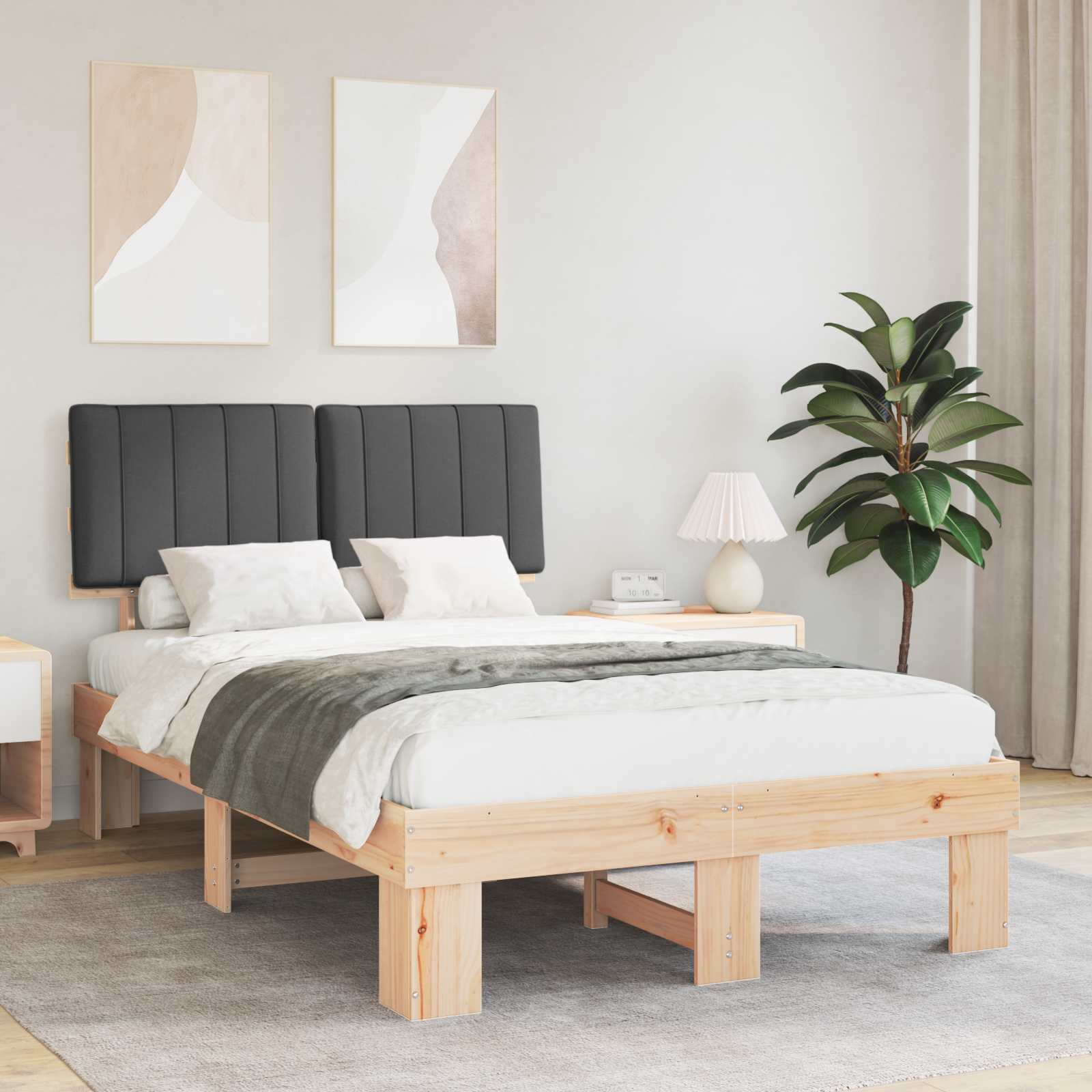 Estrutura de Cama com Cabeceira Estofada Cinzento Escuro