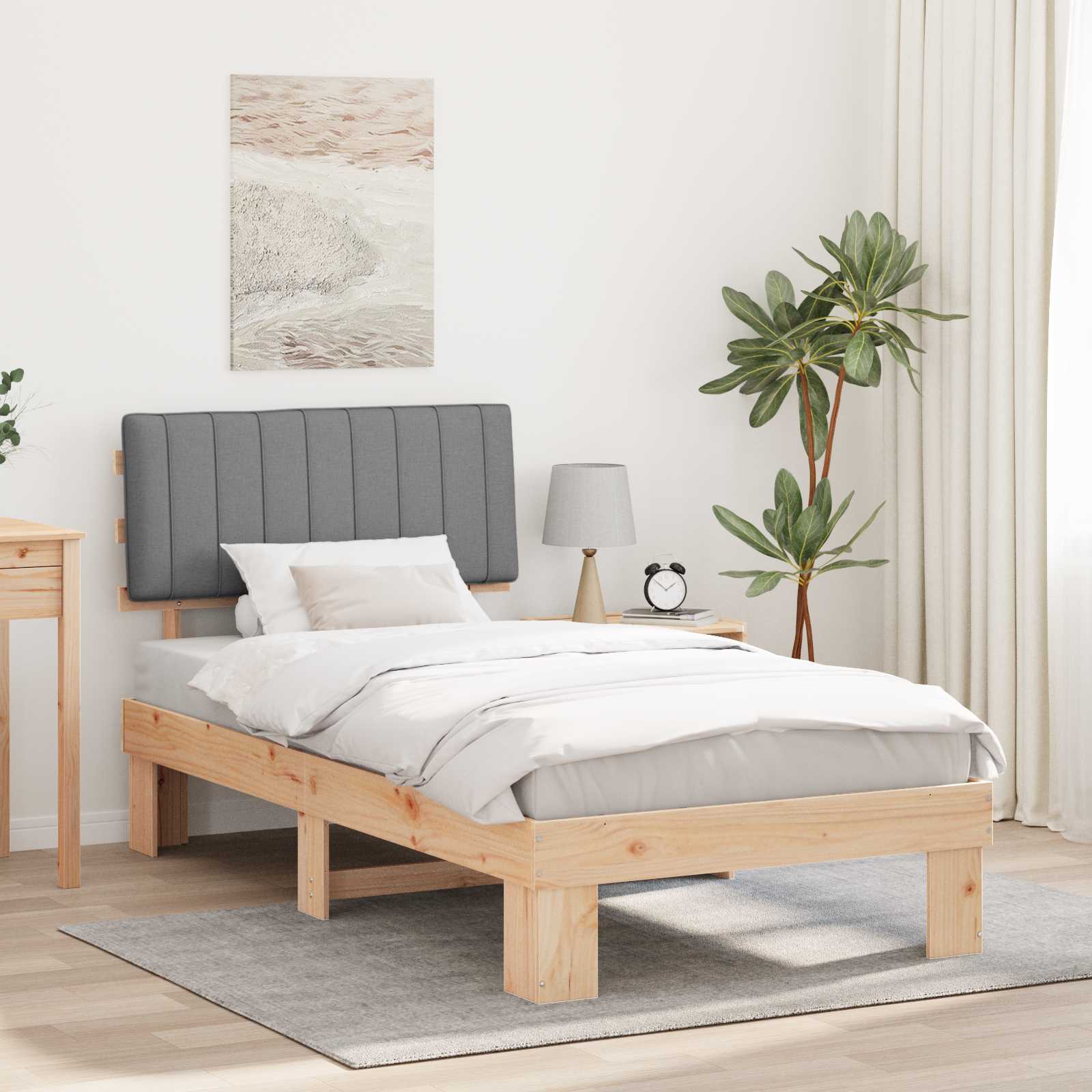 Estrutura de Cama com Cabeceira Estofada Cinzento Claro