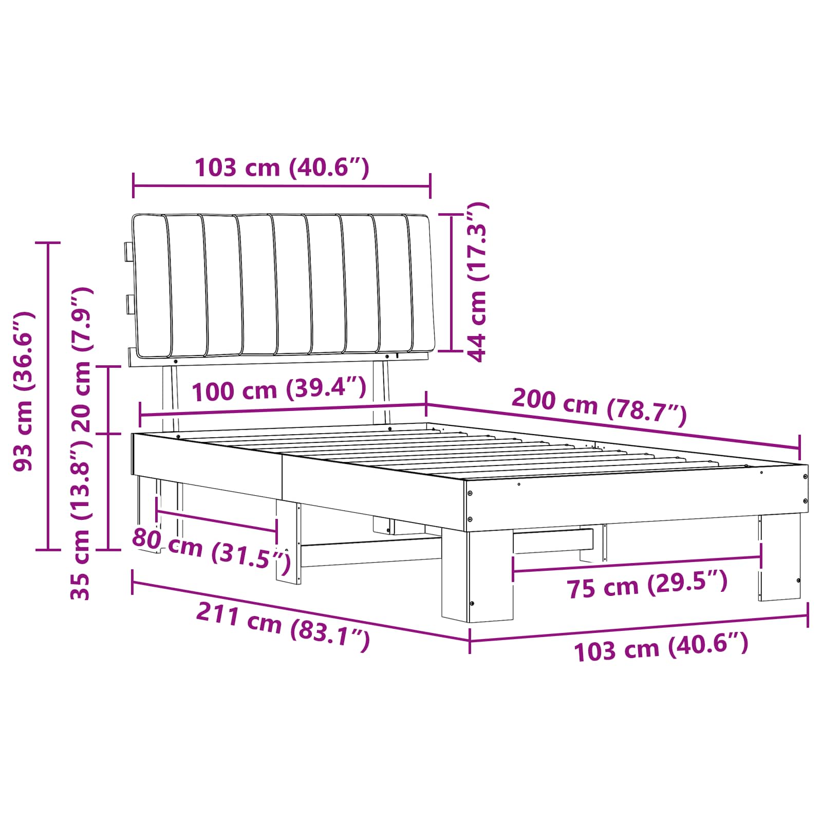 Estructura de Cama con Cabecera Tapizada Taupé 100 x 200 cm
