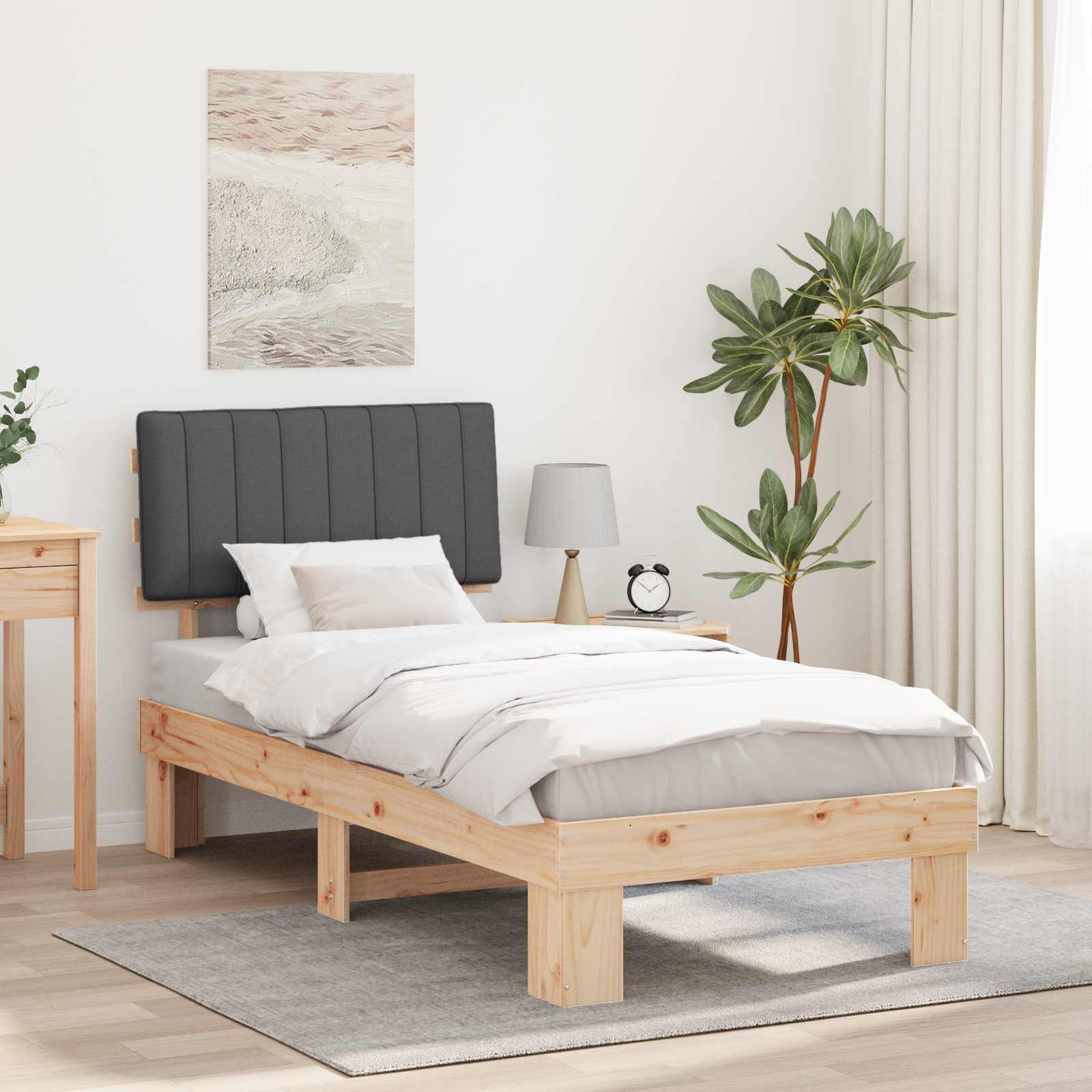 Estrutura de Cama com Cabeceira Estofada Cinzento Escuro