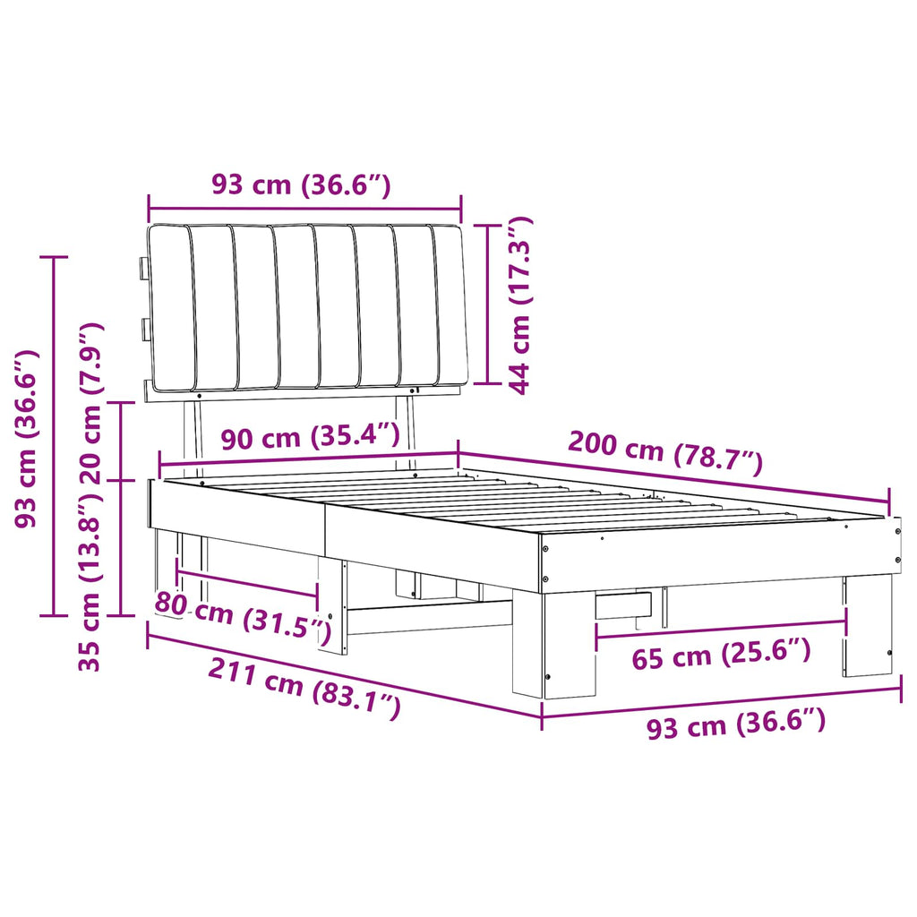 Estructura de Cama con Cabecera Tapizada Negro 90 x 200 cm