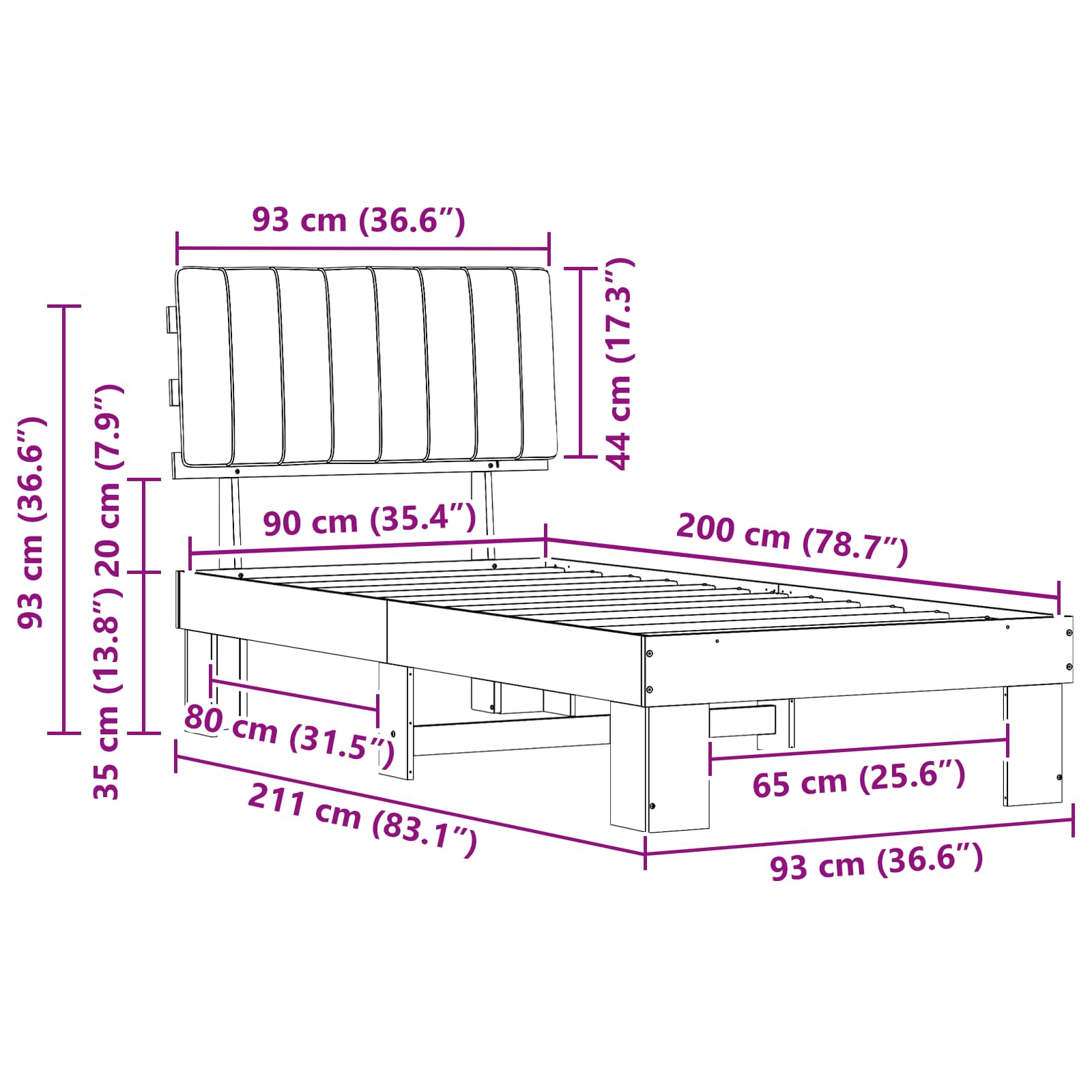 Estructura de Cama con Cabecera Tapizada Taupé 90 x 200 cm
