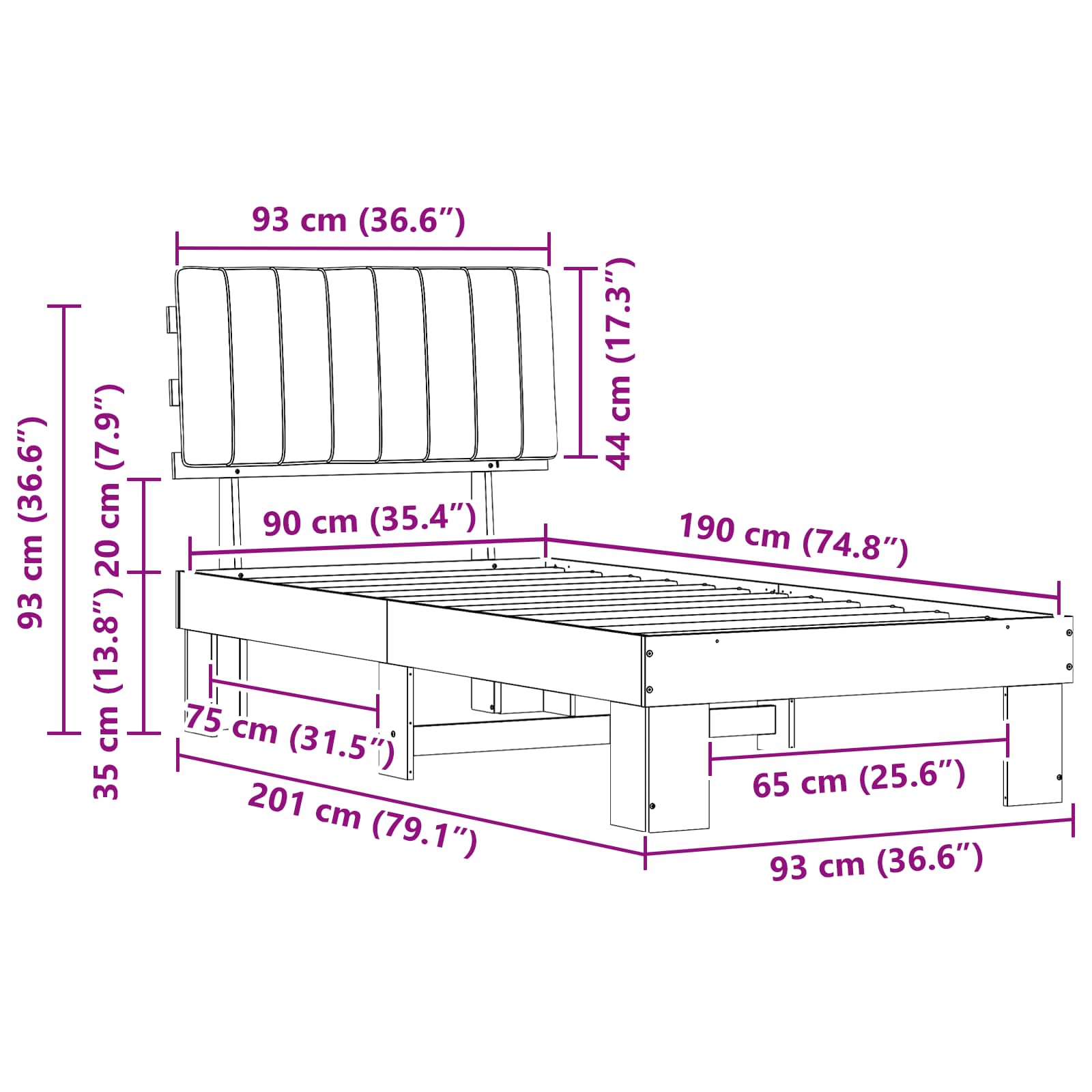 Estructura de Cama con Cabecera Tapizada Negro 90 x 190 cm
