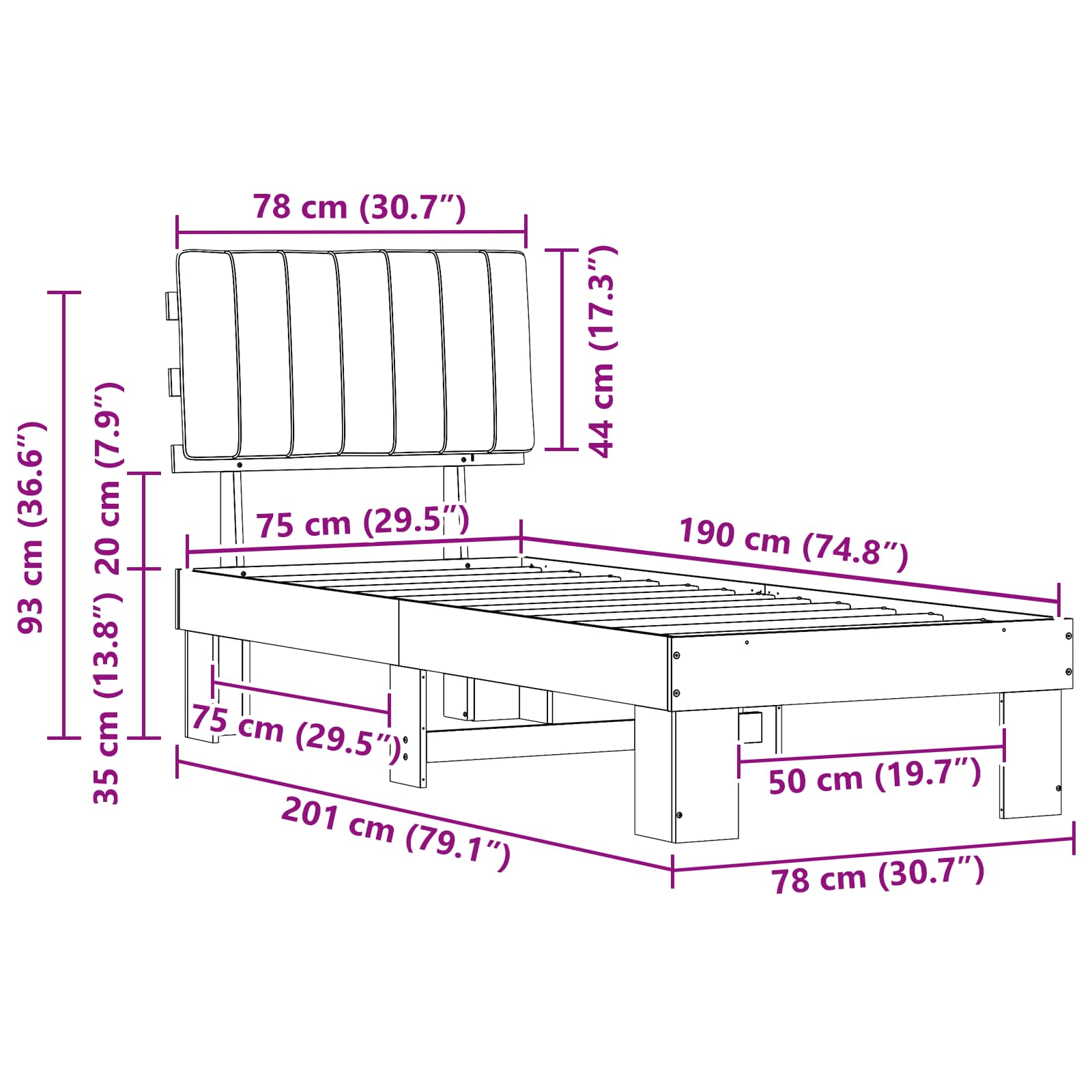 Estructura de Cama con Cabecera Tapizada Gris Claro 75 x 190 cm