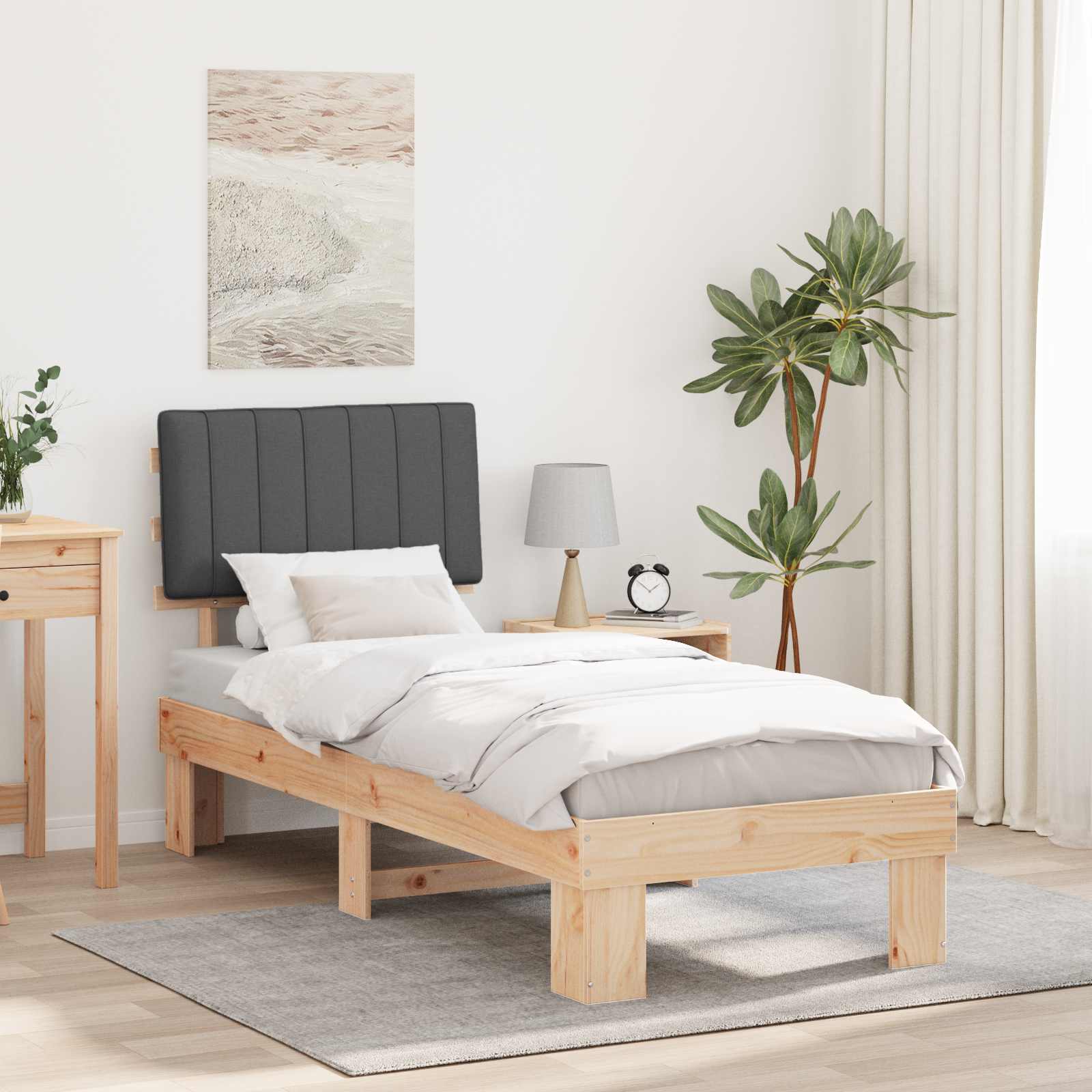 Estrutura de Cama com Cabeceira Estofada Cinzento Escuro