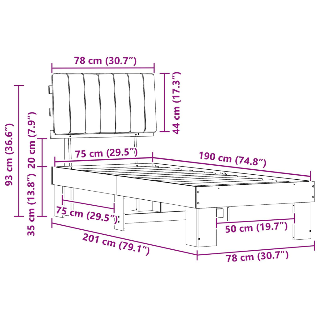 Estructura de Cama con Cabecera Tapizada Negro 75 x 190 cm