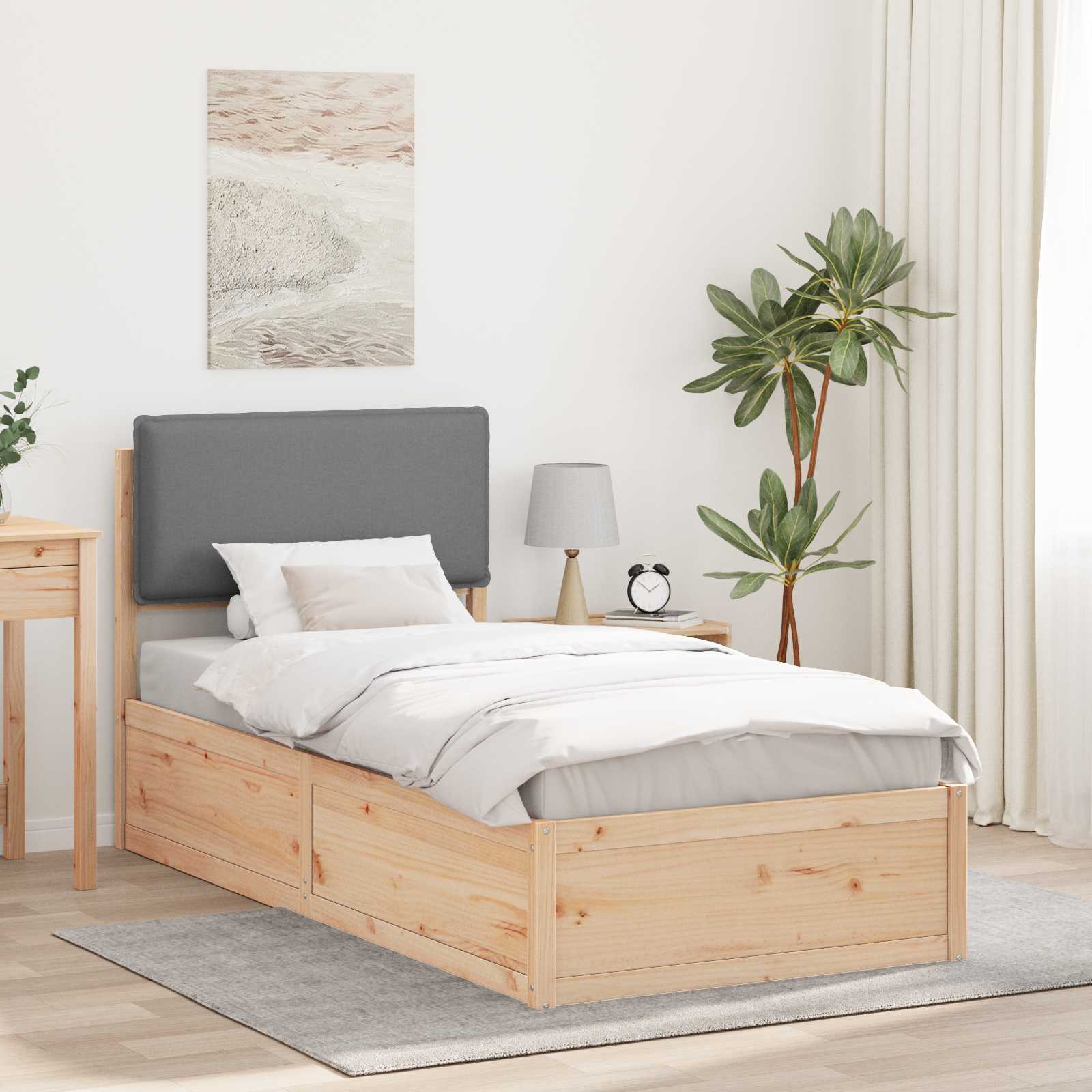 Estrutura de Cama com Cabeceira Estofada Cinzento Claro