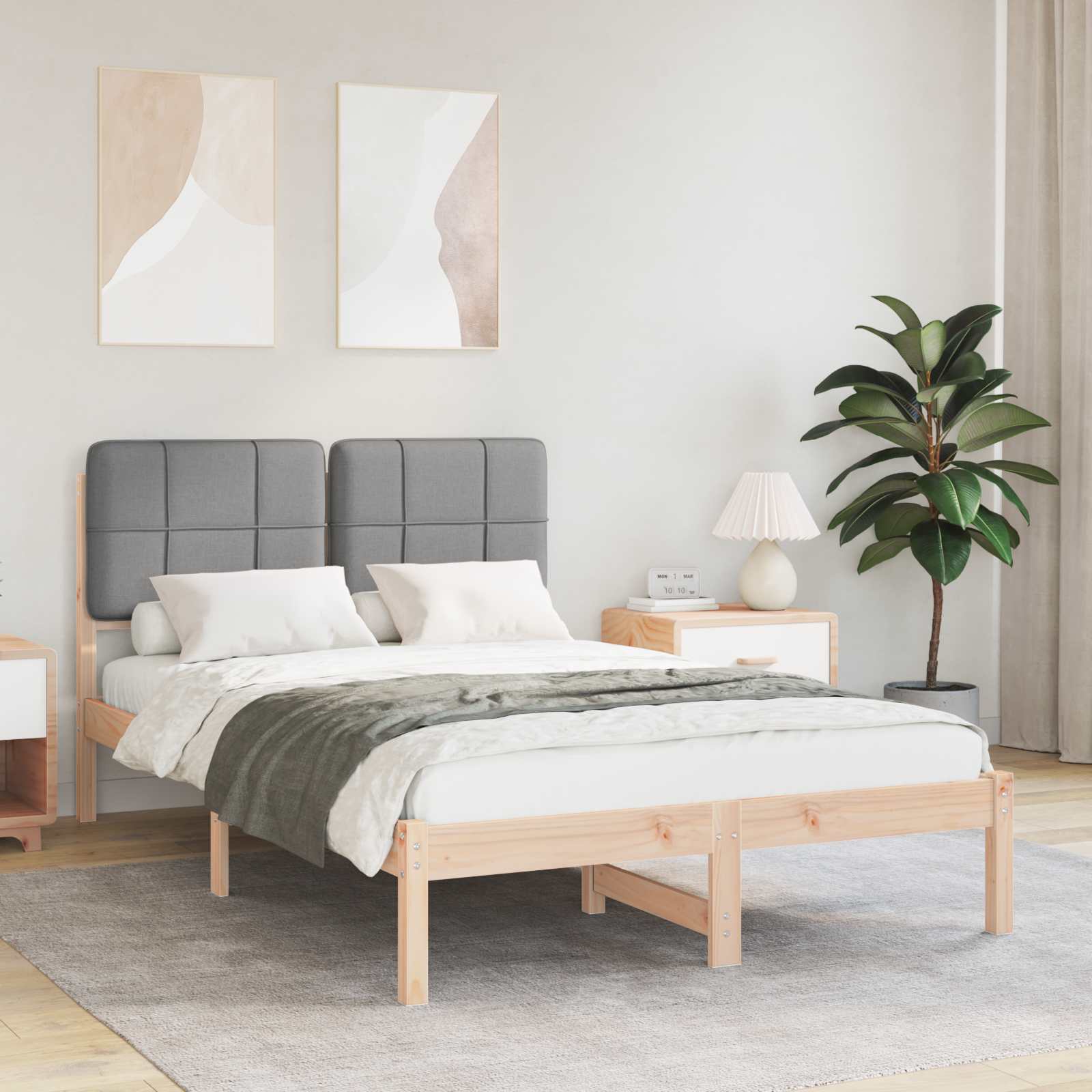 Estrutura de Cama com Cabeceira Estofada Cinzento Claro