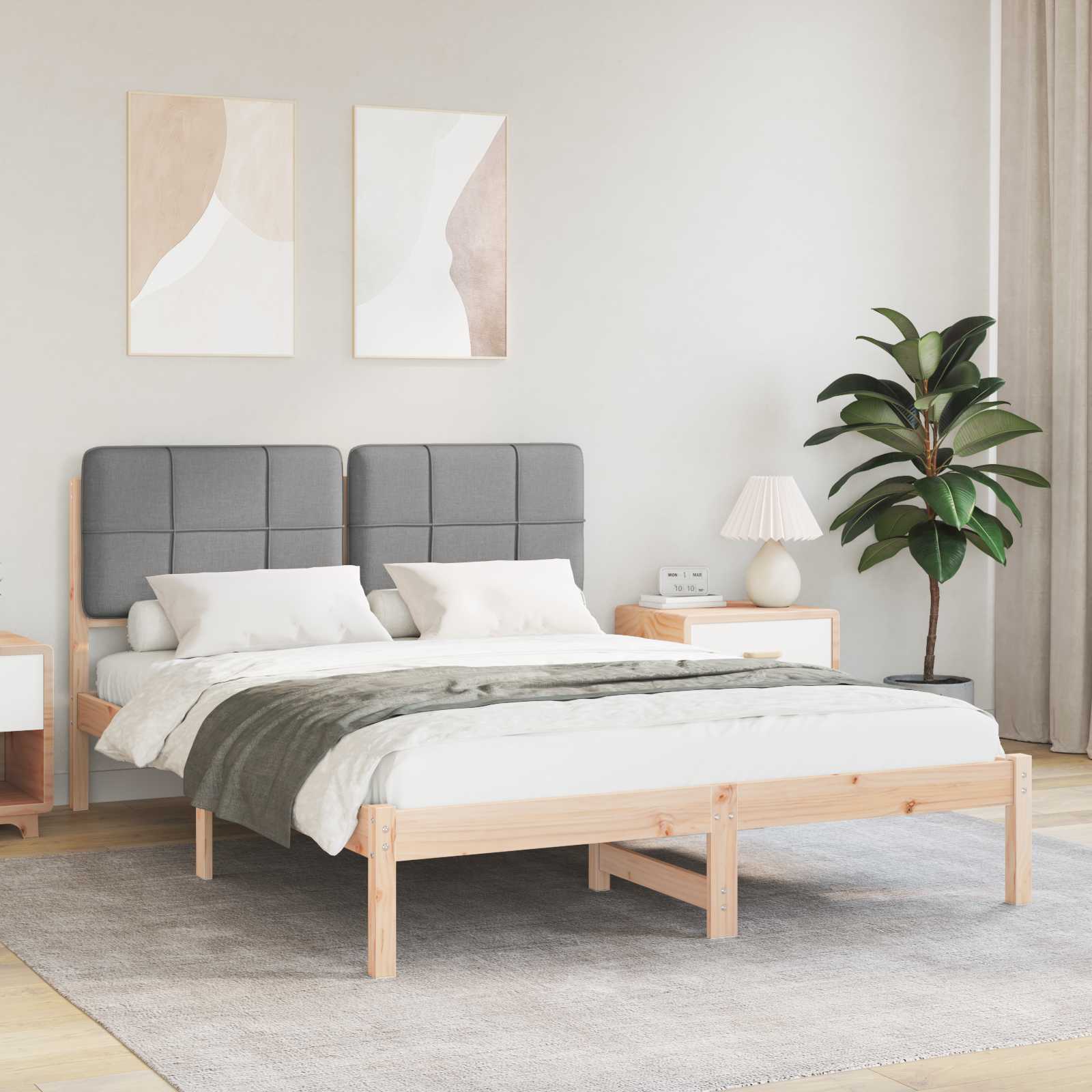 Estrutura de Cama com Cabeceira Estofada Cinzento Claro