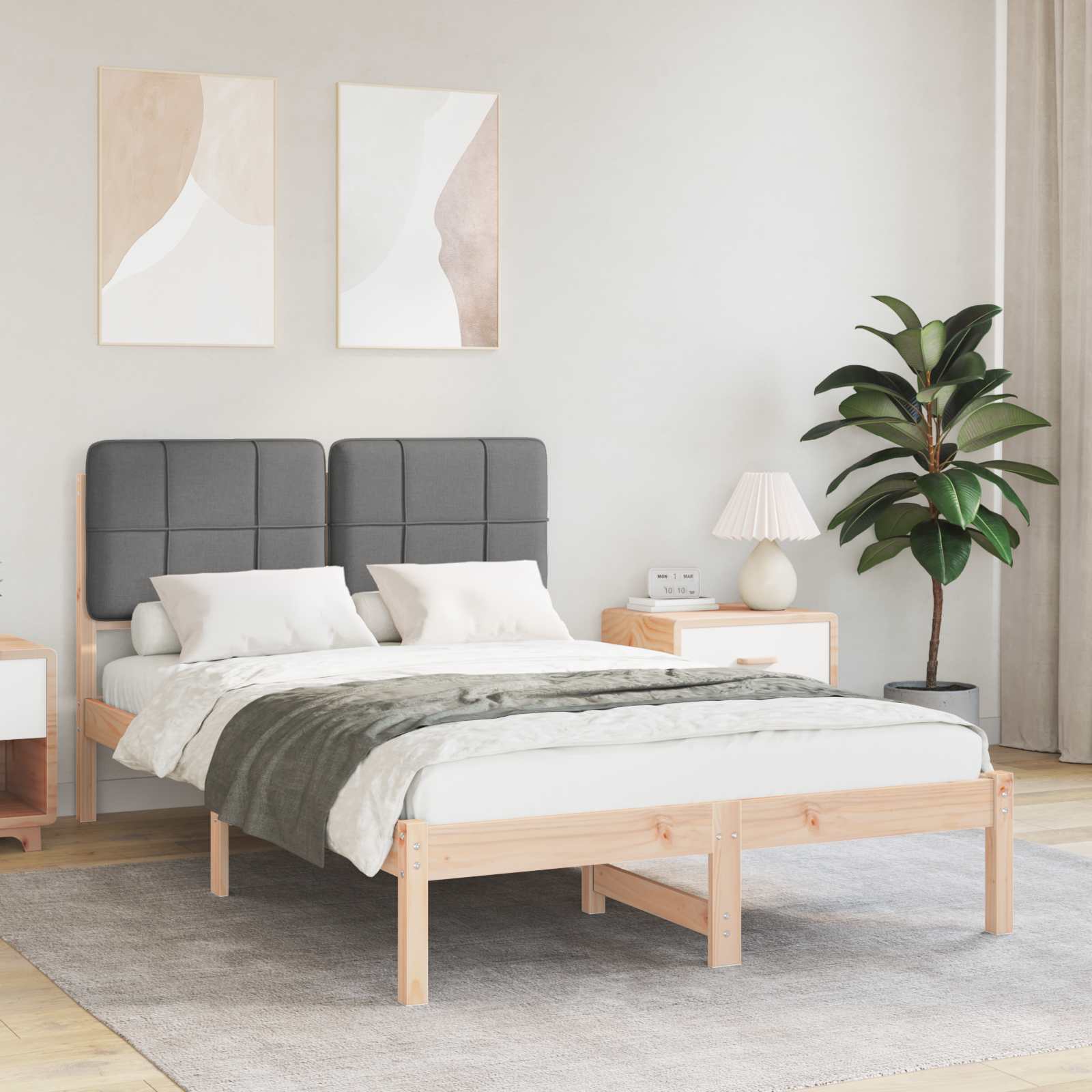 Estrutura de Cama com Cabeceira Estofada Cinzento Claro
