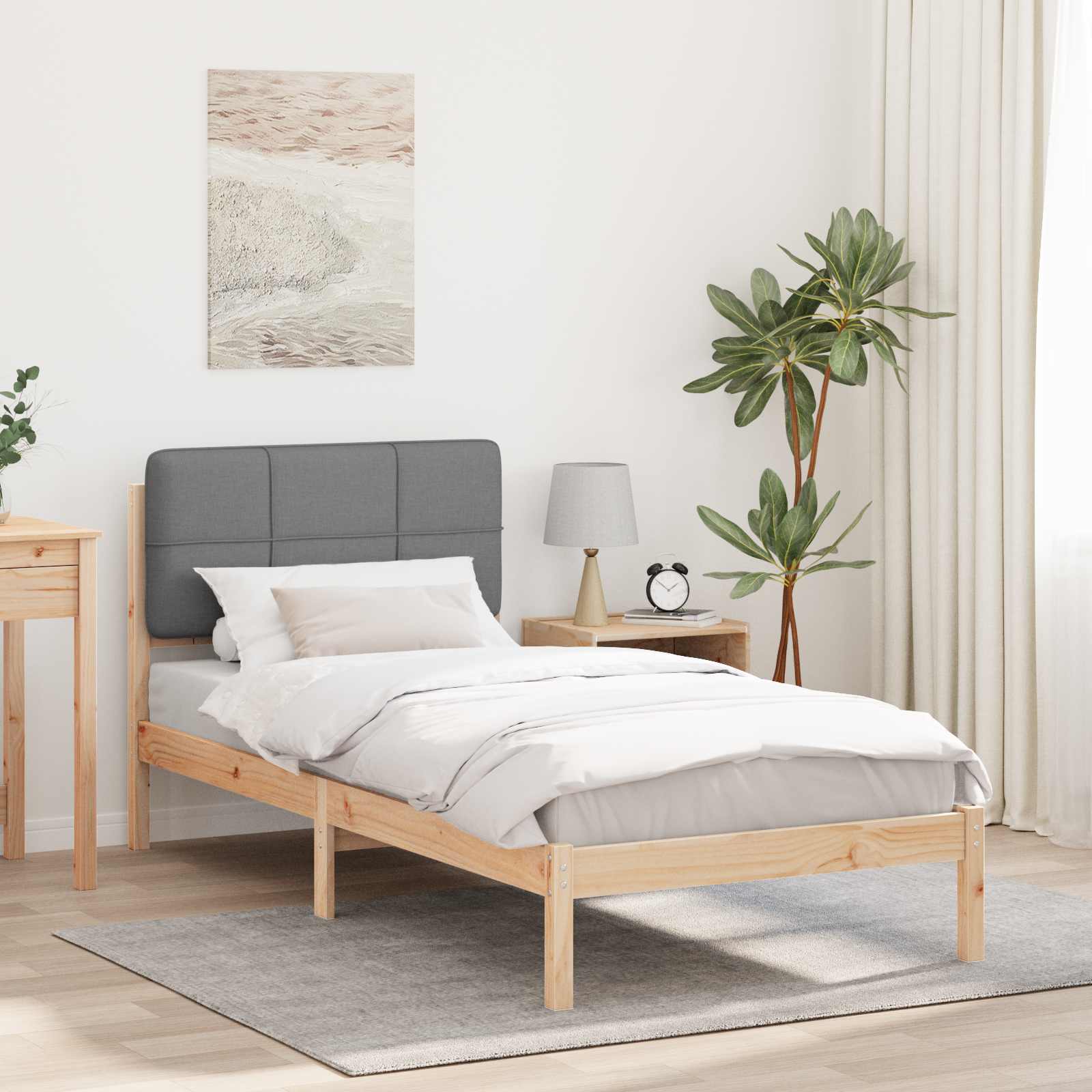 Estrutura de Cama com Cabeceira Estofada Cinzento Claro