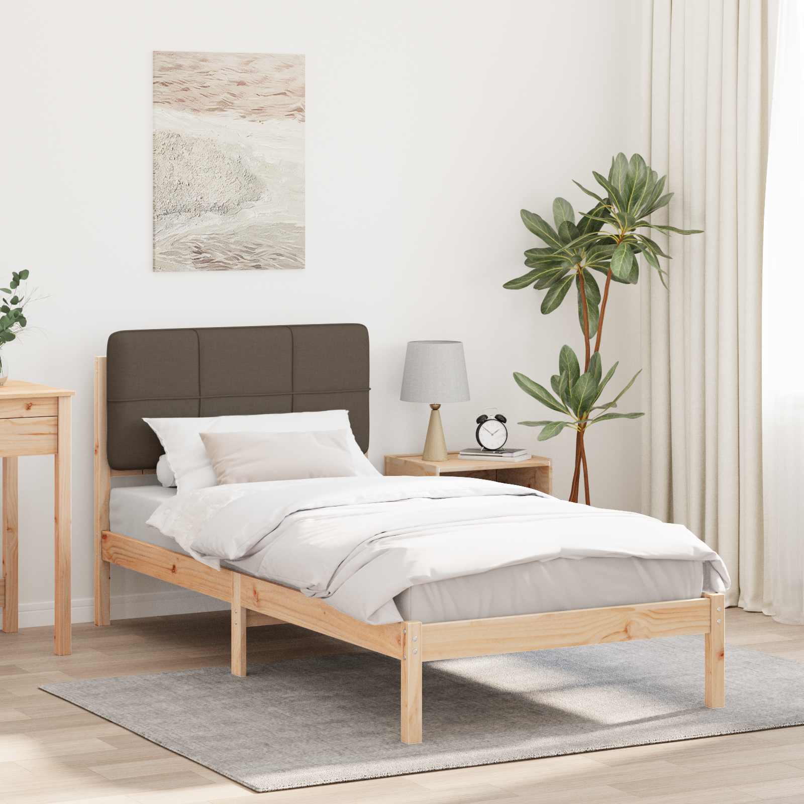 Estrutura de Cama com Cabeceira Estofada Cinzento Claro