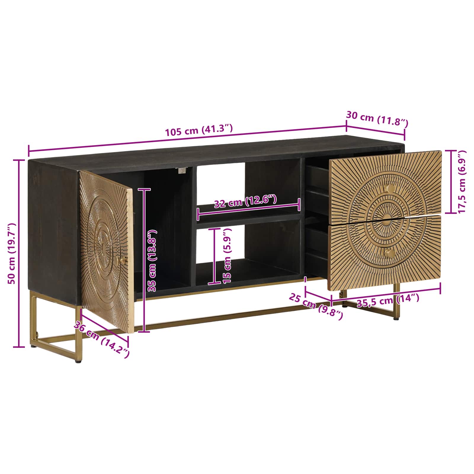 Mueble de TV con cajón con estante Latón 105 x 30 x 50 cm