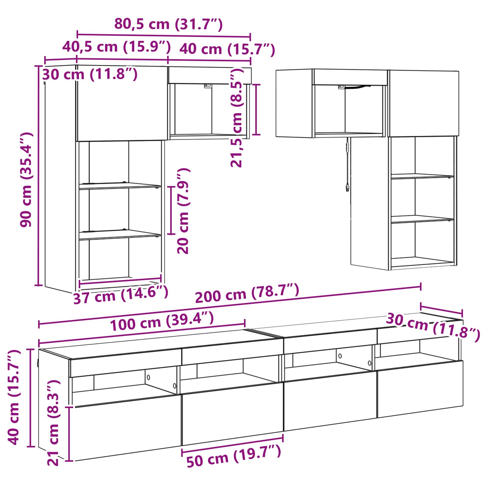 Unidades de pared para TV 6 pcs 100 x 30 x 40 cm